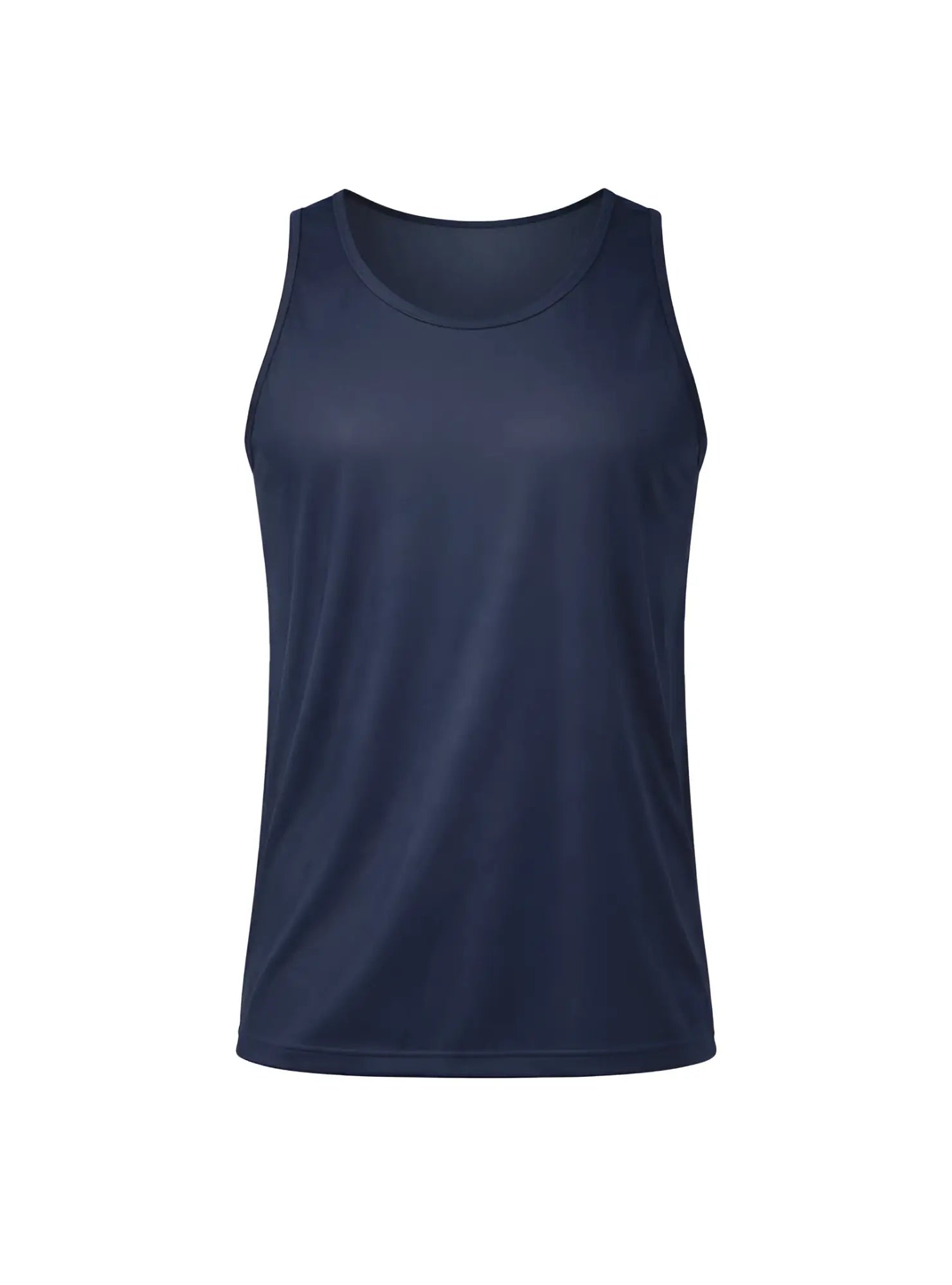 Navy blue sleeveless athletic tank top made of nylon tricot designed for sports and active wear