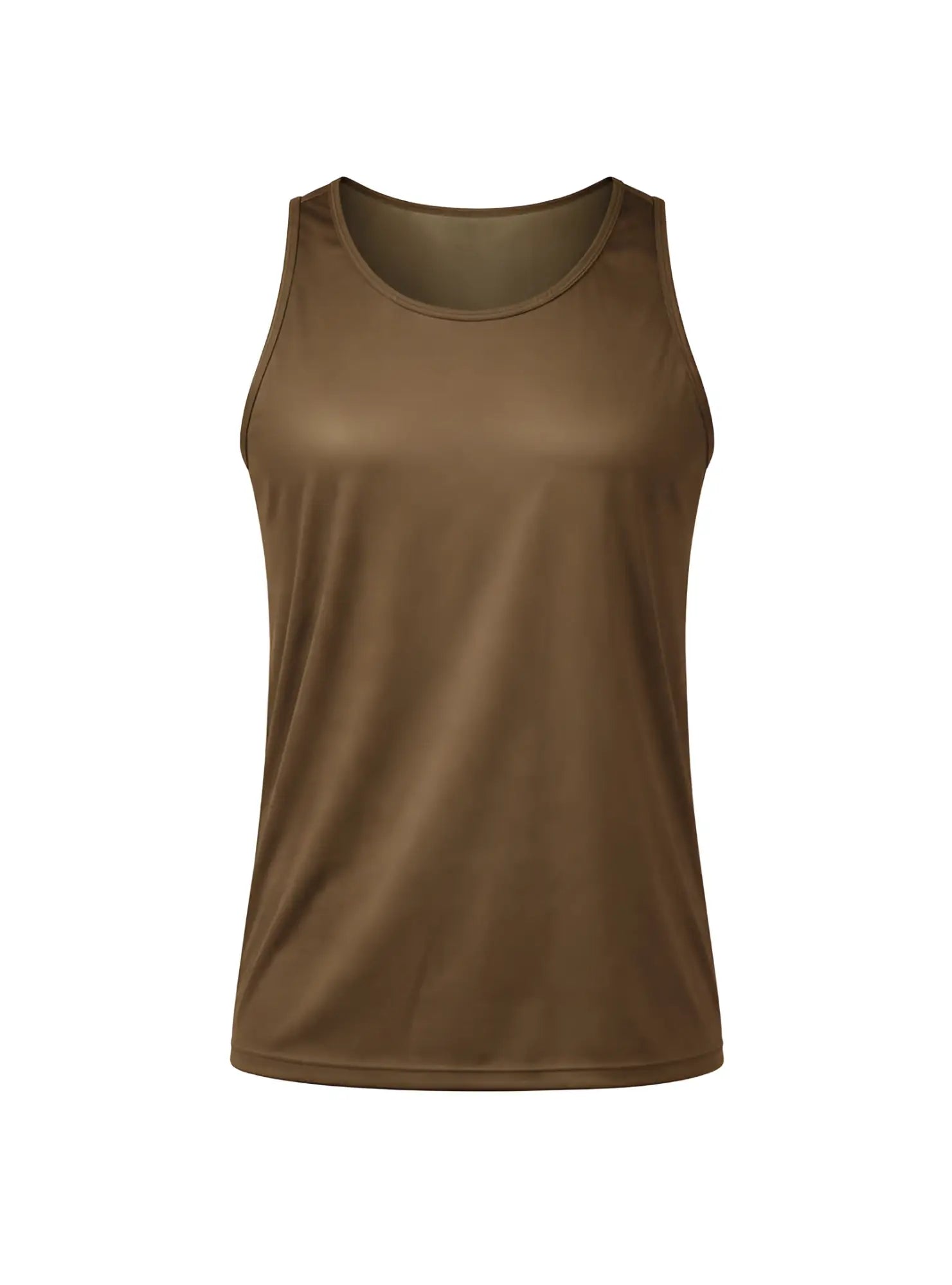A sleek olive green sleeveless nylon tricot tank top with a rounded neckline and smooth fabric for athletic use