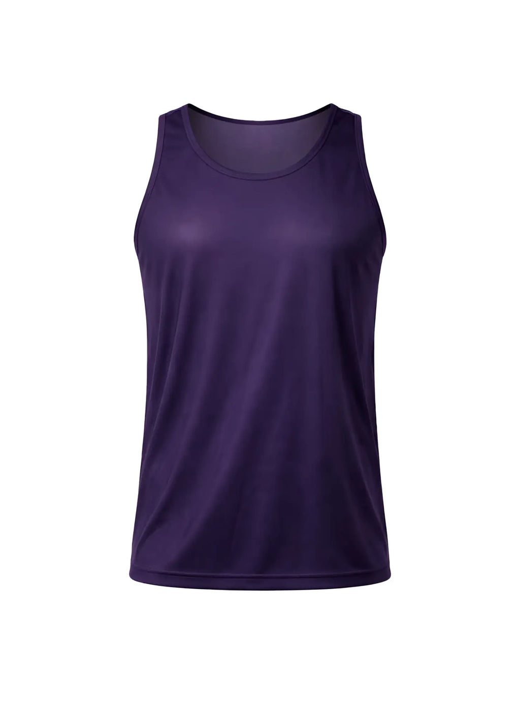 A solid purple nylon tricot sleeveless athletic tank top with a rounded neckline and smooth form-fitting fabric