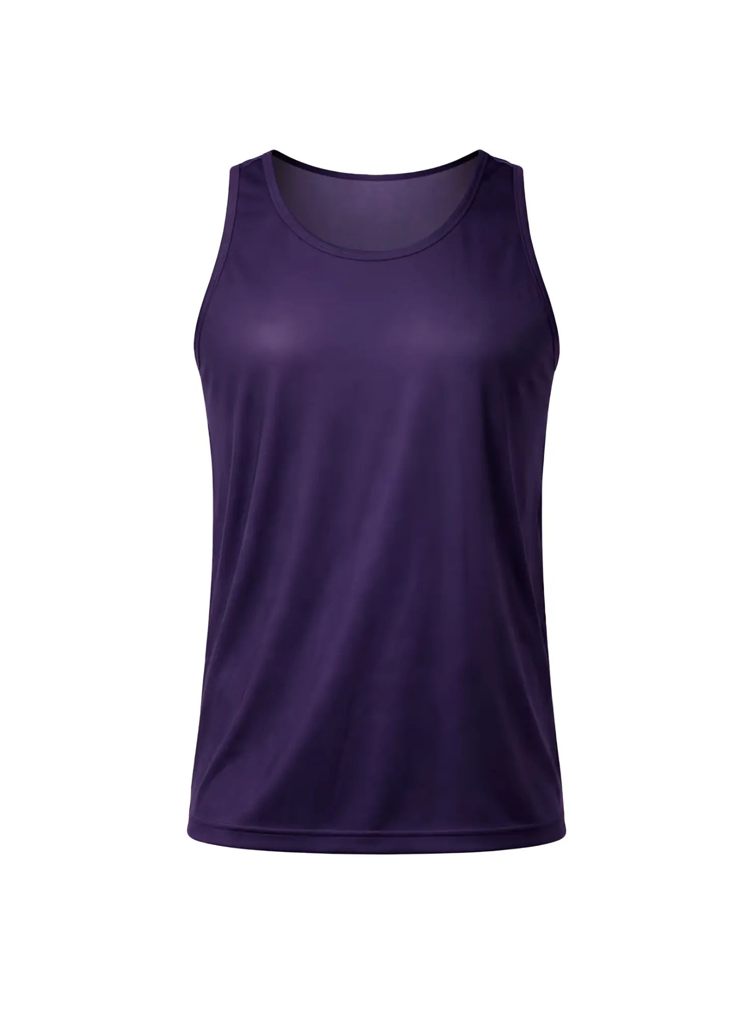 A solid purple nylon tricot sleeveless athletic tank top with a rounded neckline and smooth form-fitting fabric