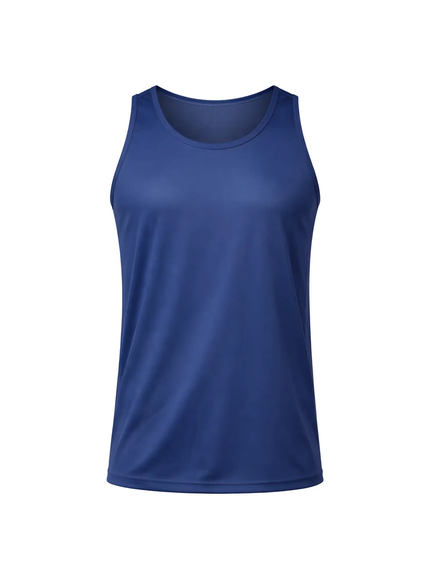 A solid royal blue sleeveless nylon tricot tank top with a rounded neckline and smooth form-fitting fabric