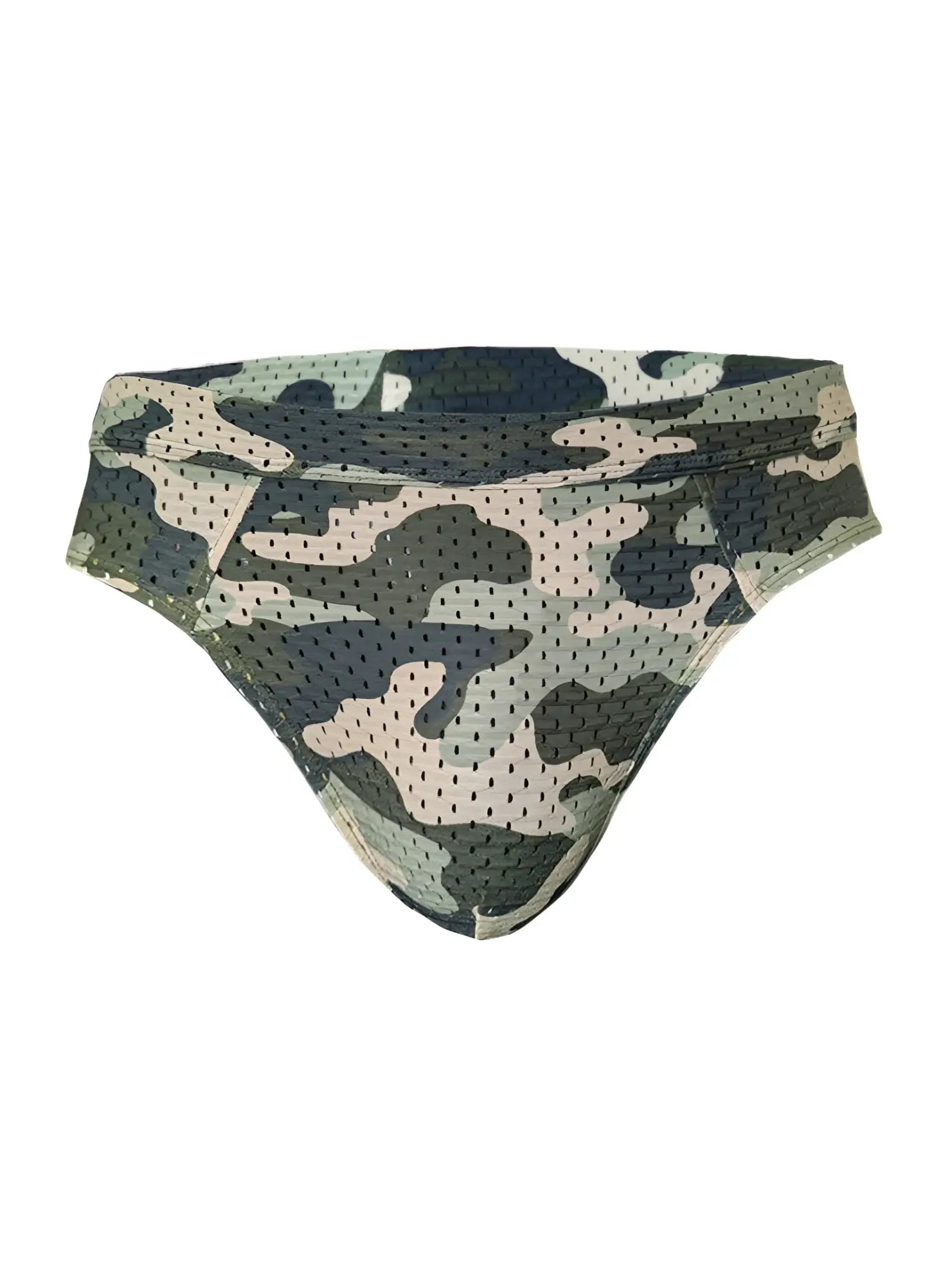 Nylux camo brief mesh underwear with camouflage pattern in green beige and black breathable fabric