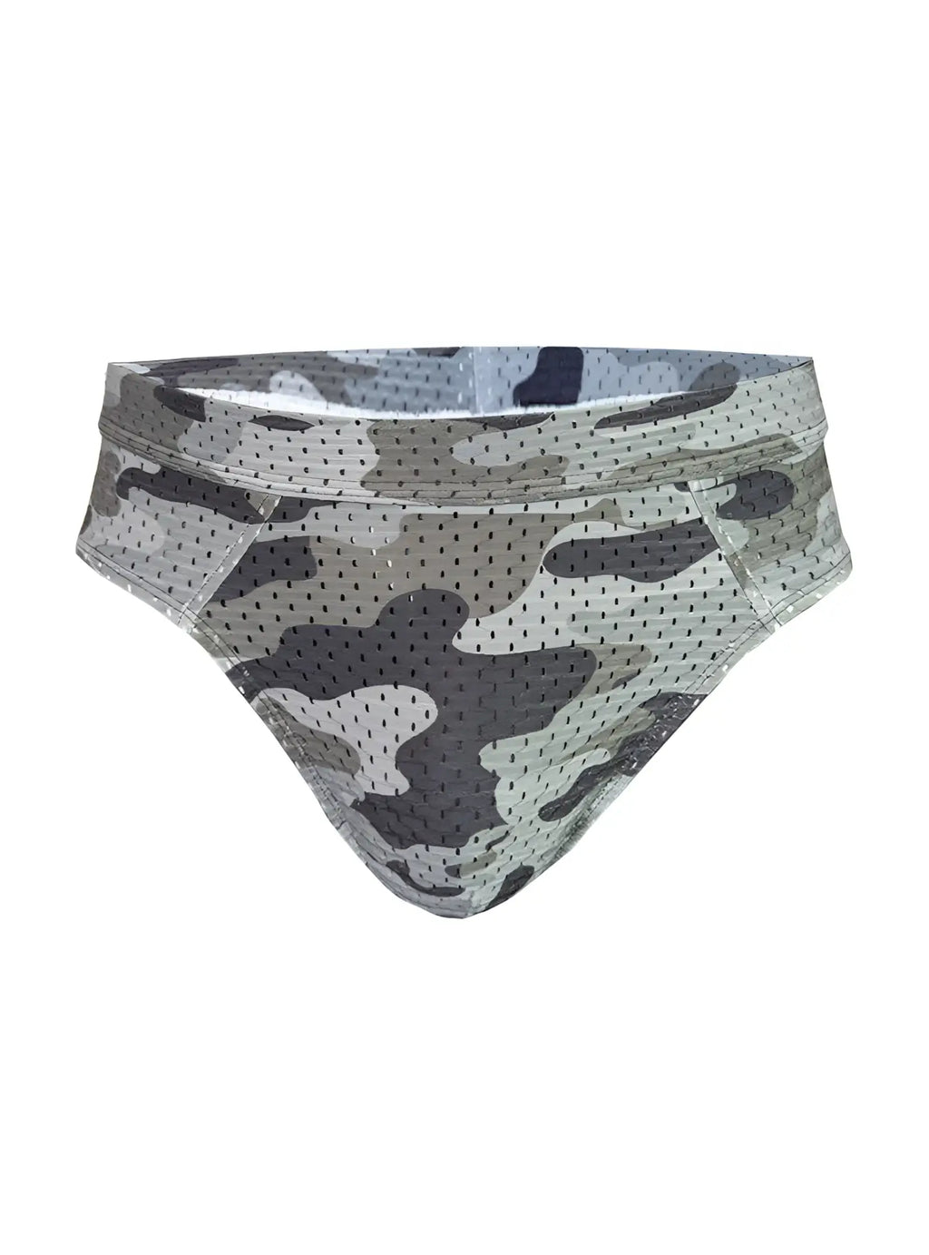 Gray and black camouflage pattern mesh nylux camo brief showcasing breathable fabric and modern design