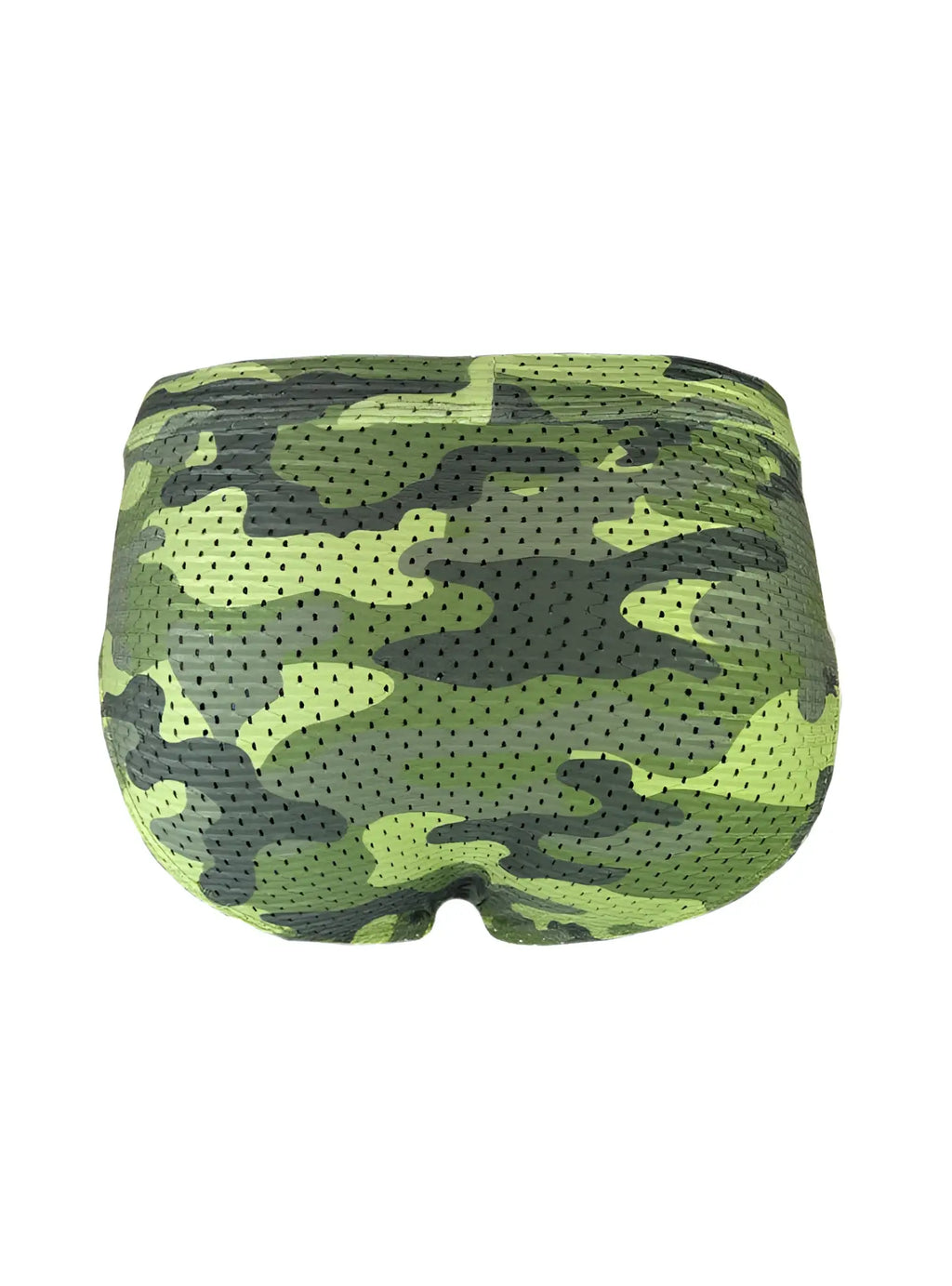 Nylux camo brief in green and black camouflage mesh fabric designed for breathable comfort and style