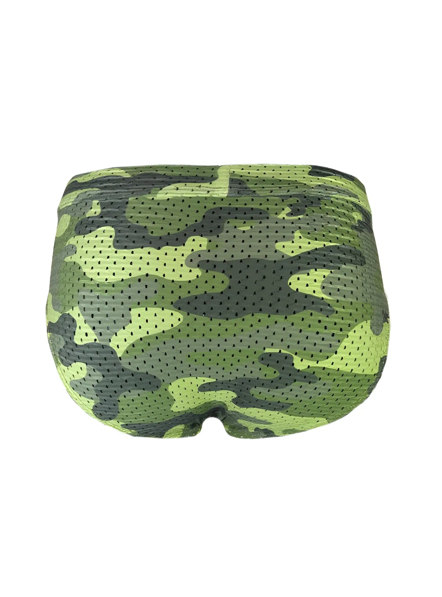 Nylux camo brief in green and black camouflage mesh fabric designed for breathable comfort and style
