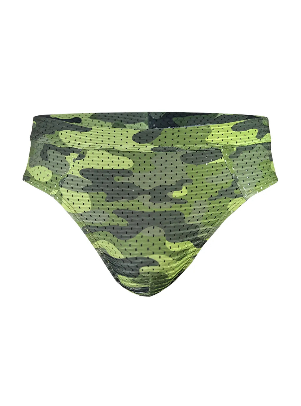 Nylux camo brief green and black camouflage swim trunks made of perforated mesh fabric for breathability