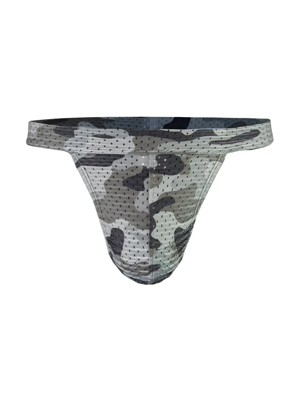 Nylux camo jockstrap mesh briefs in gray and black camouflage pattern showcasing breathable fabric design
