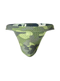 Nylux camo jockstrap in green and gray camouflage mesh briefs showing front side with breathable fabric