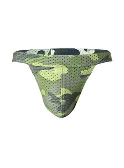 Nylux camo jockstrap in green and gray camouflage mesh briefs showing front side with breathable fabric