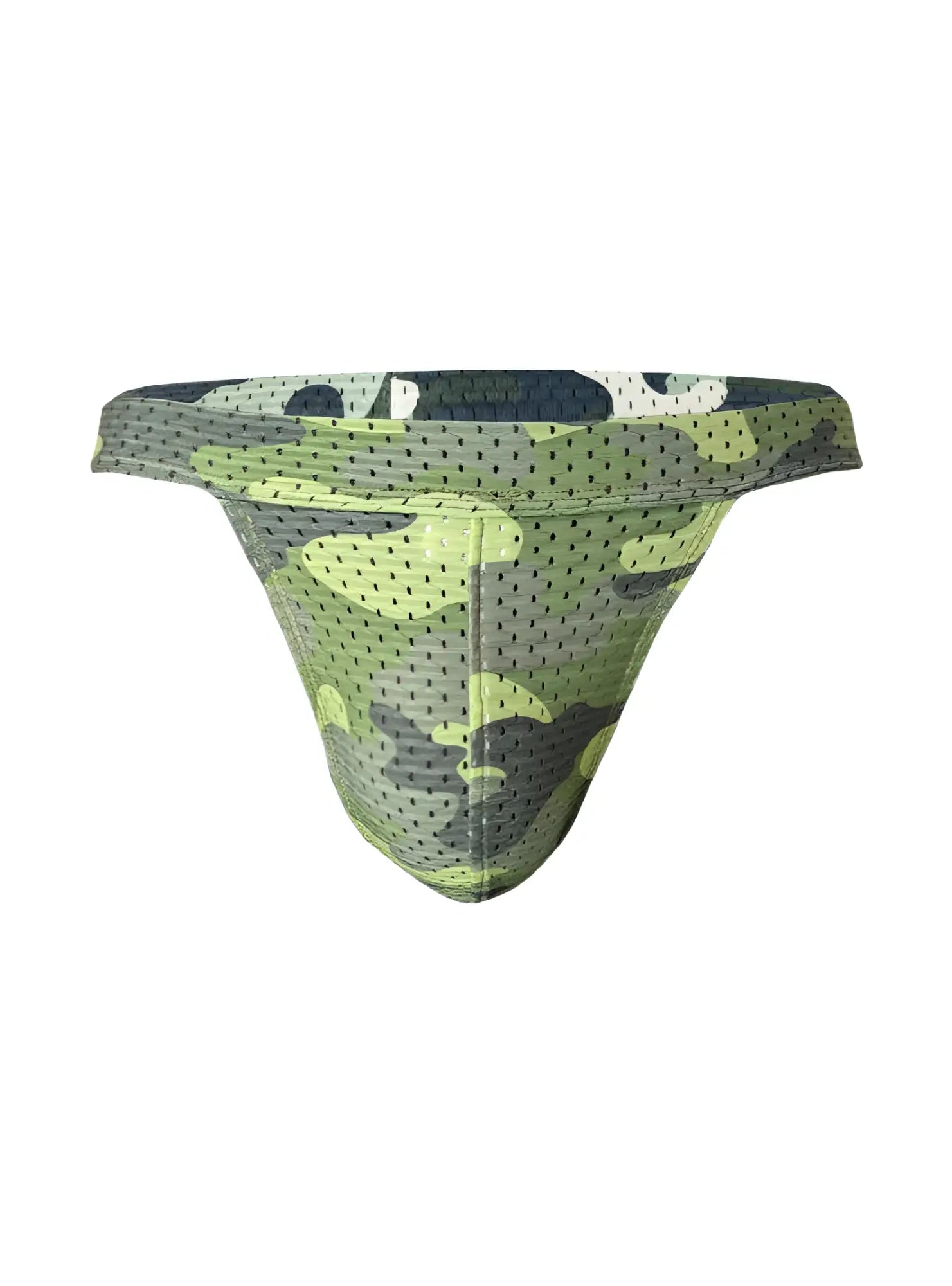 Nylux camo jockstrap in green and gray camouflage mesh briefs showing front side with breathable fabric