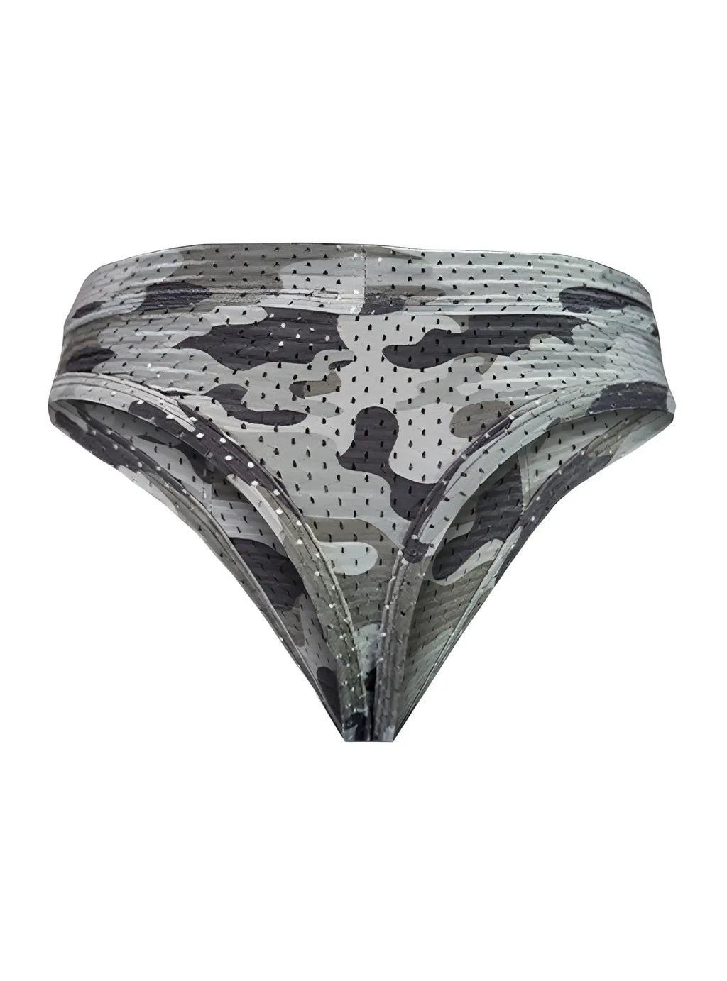Gray and black camouflage mesh bikini bottom with perforated design shown from the back in nylux camo thong style