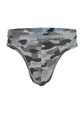 Gray and black camouflage patterned nylux camo thong mesh briefs with perforated design visible from the back side