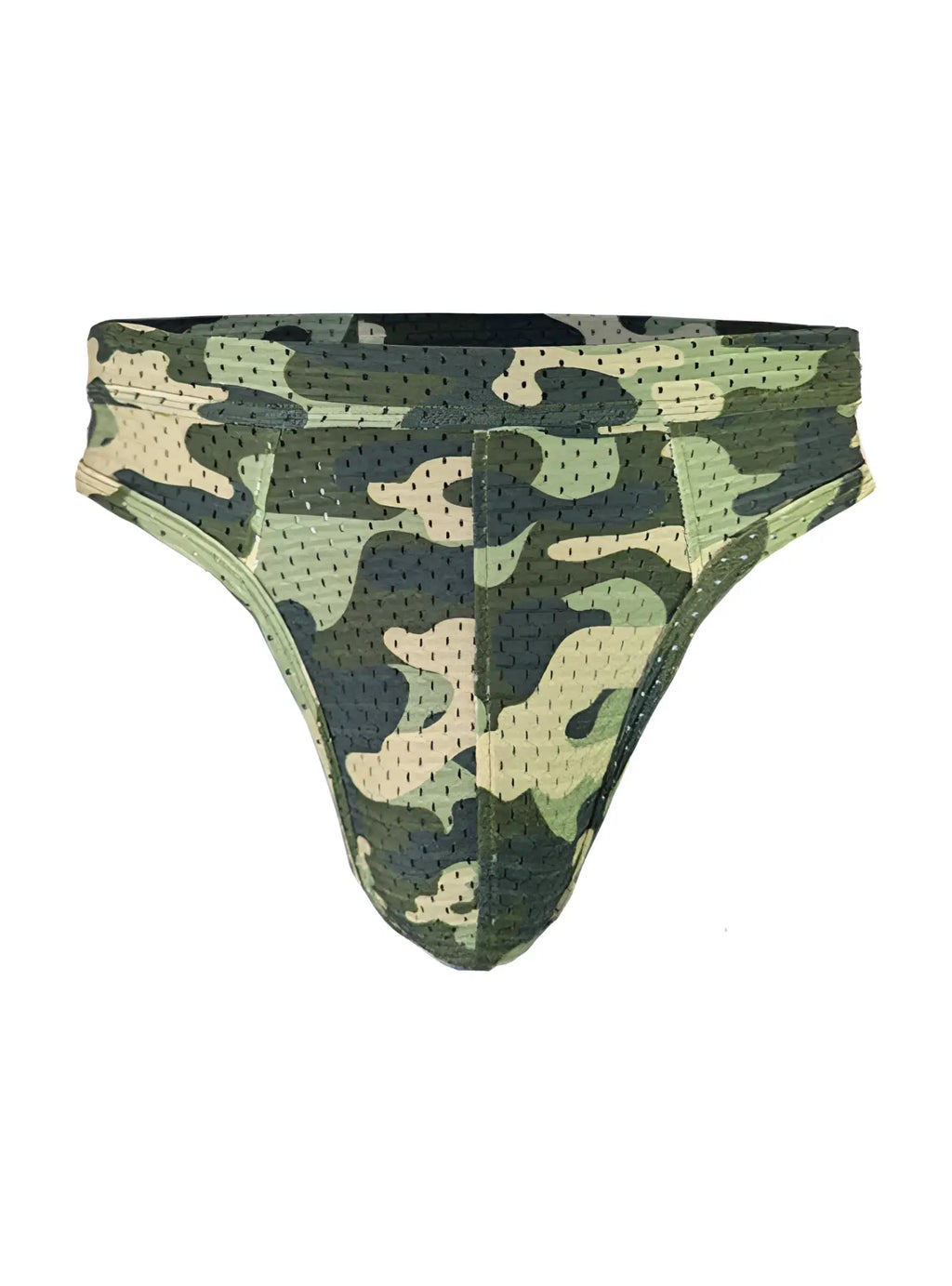 Nylux camo thong athletic briefs in green and beige camouflage with perforated breathable mesh design front view