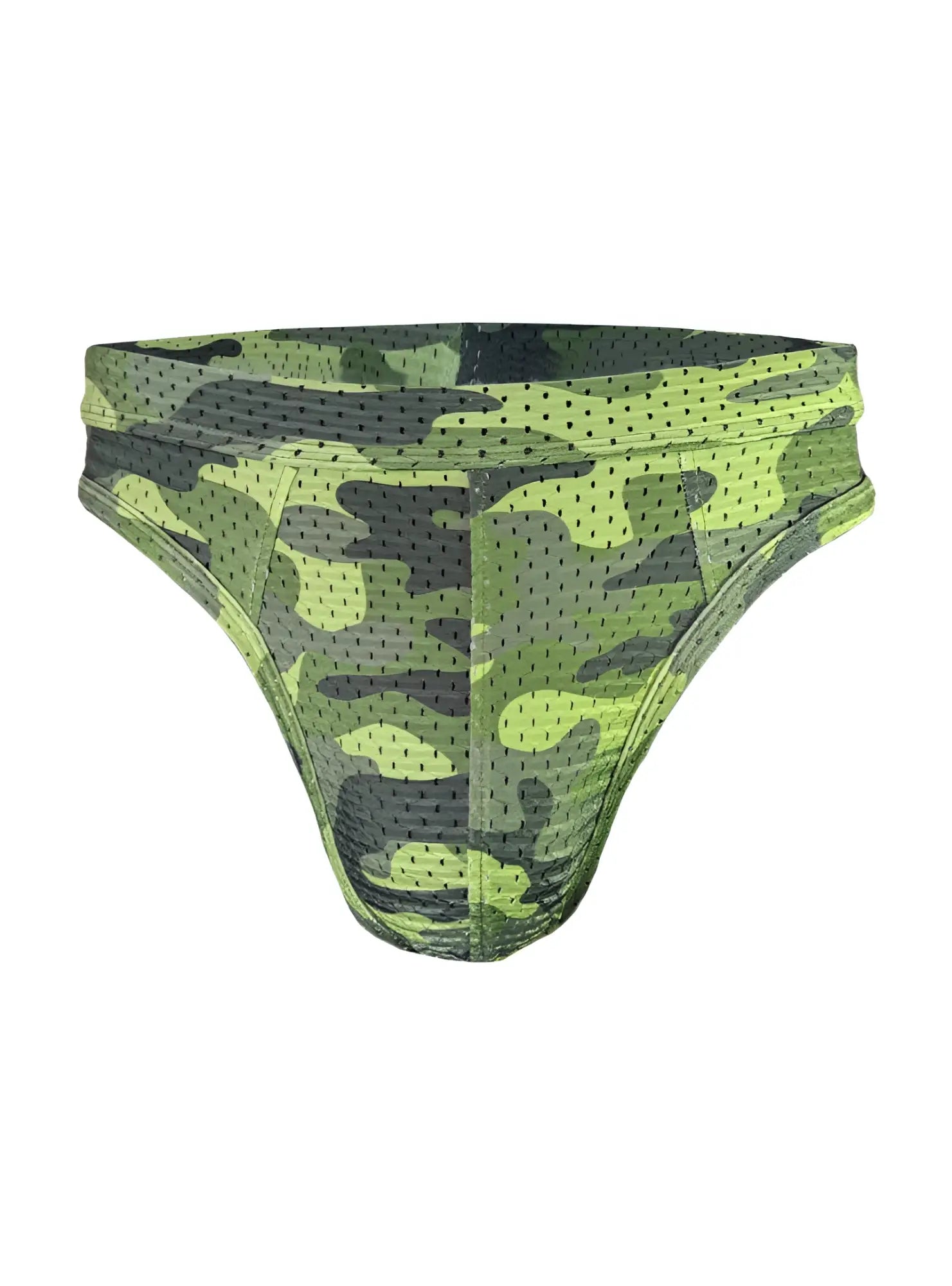 Nylux camo thong green and black camouflage mesh briefs designed for comfortable lightweight wear