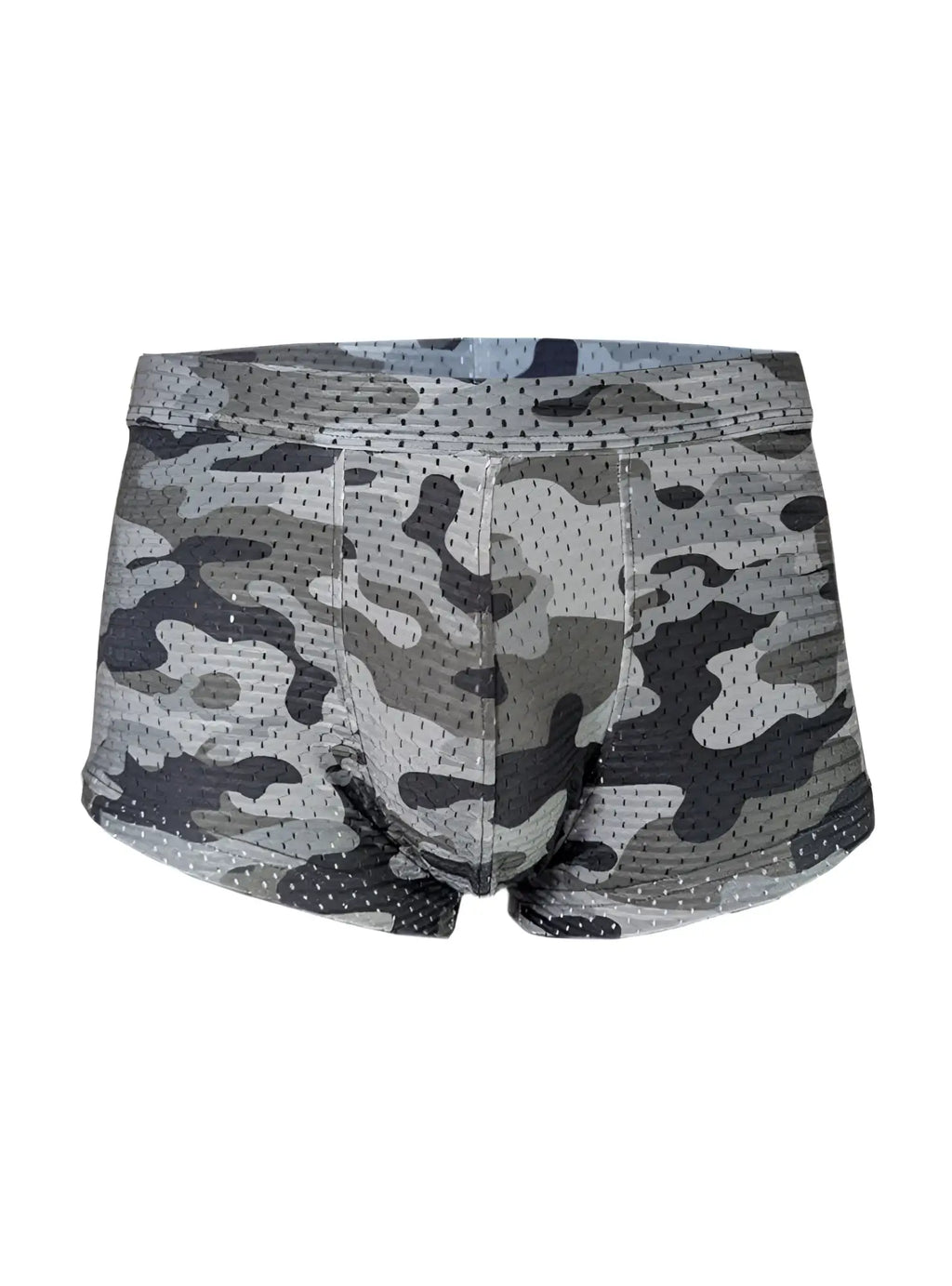 Gray and black camouflage mesh boxer briefs nylux camo trunk made from breathable fabric for active wear
