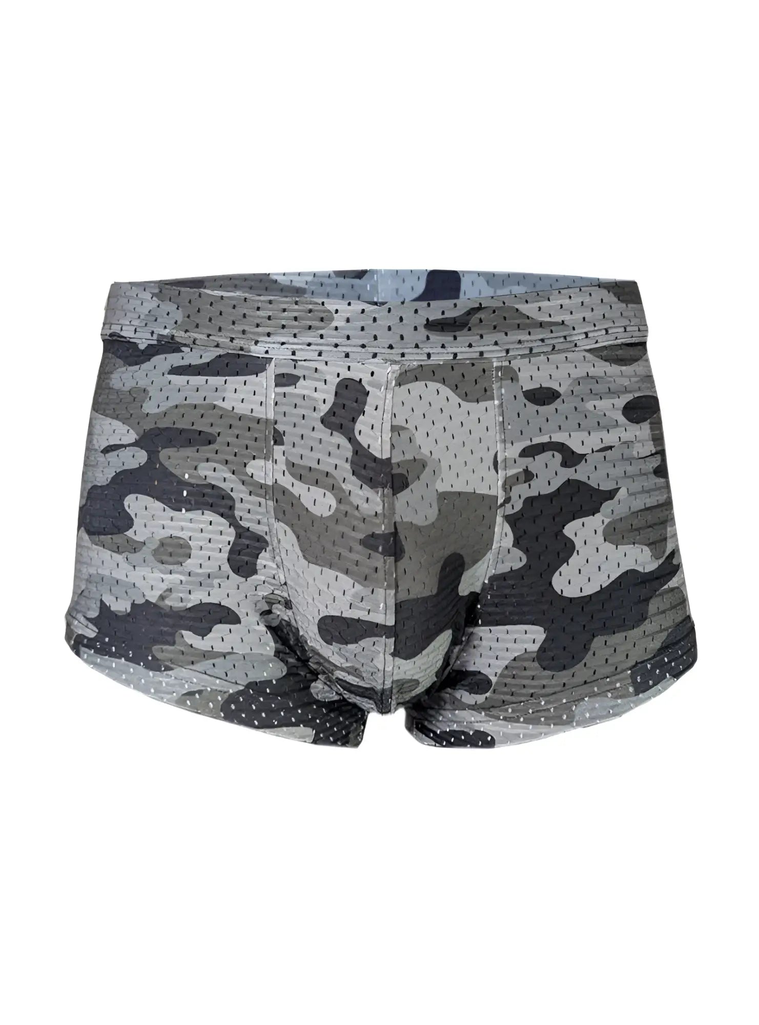 Gray and black camouflage mesh boxer briefs nylux camo trunk made from breathable fabric for active wear
