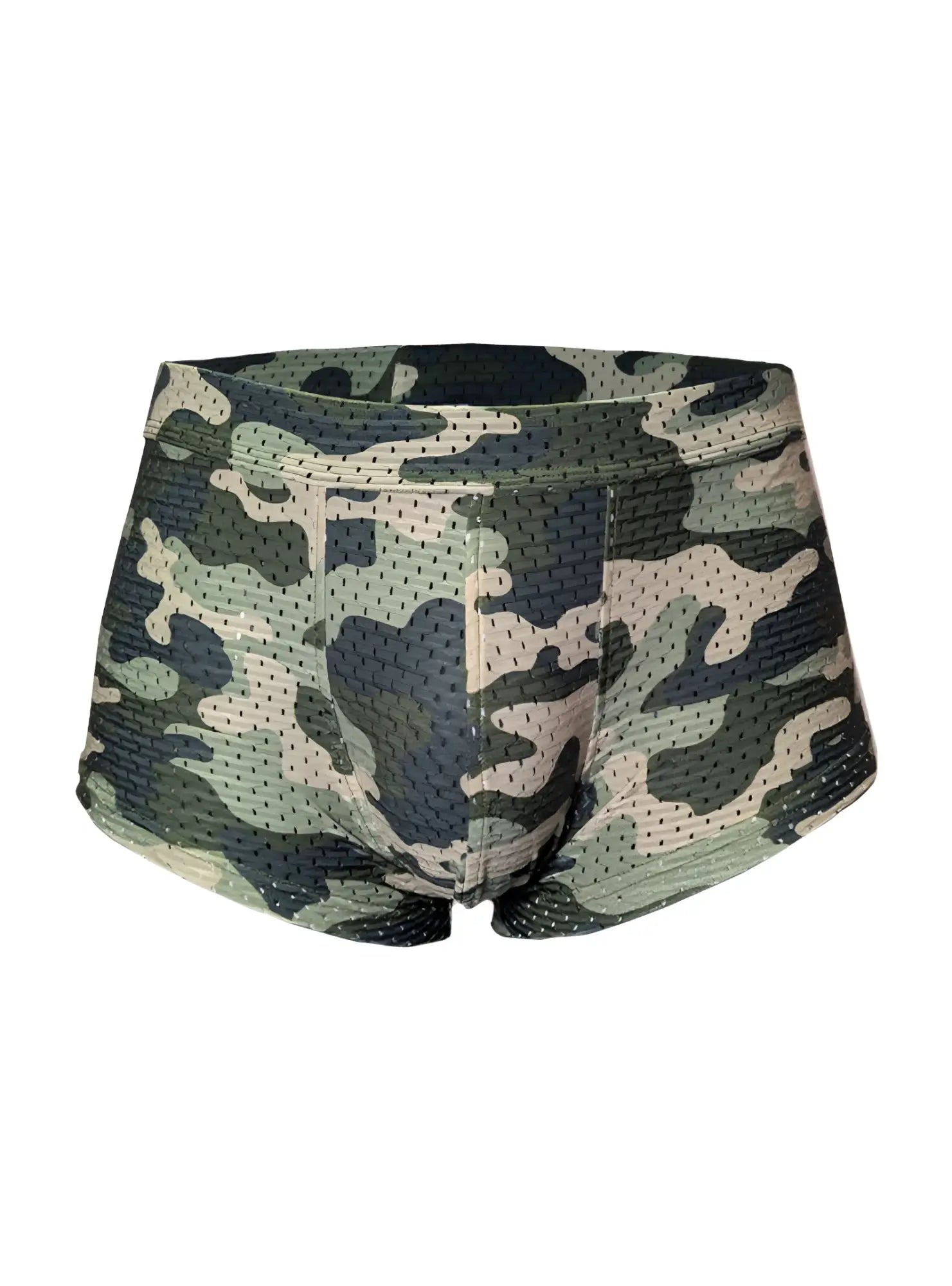 Nylux camo trunk green and beige camouflage mesh briefs designed for breathable comfort and durable wear