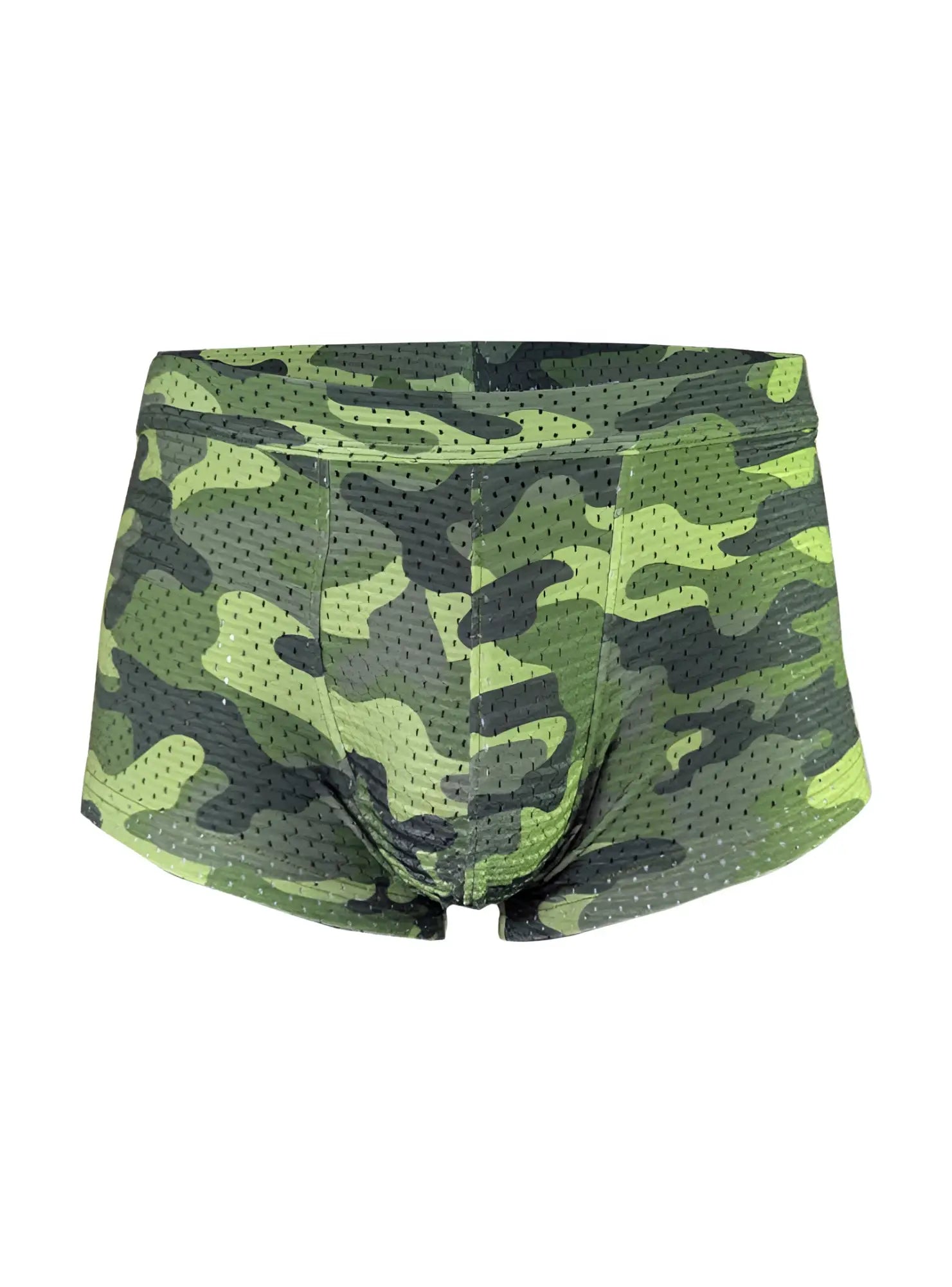 Green and black camouflage patterned mesh boxer shorts nylux camo trunk with breathable fabric design