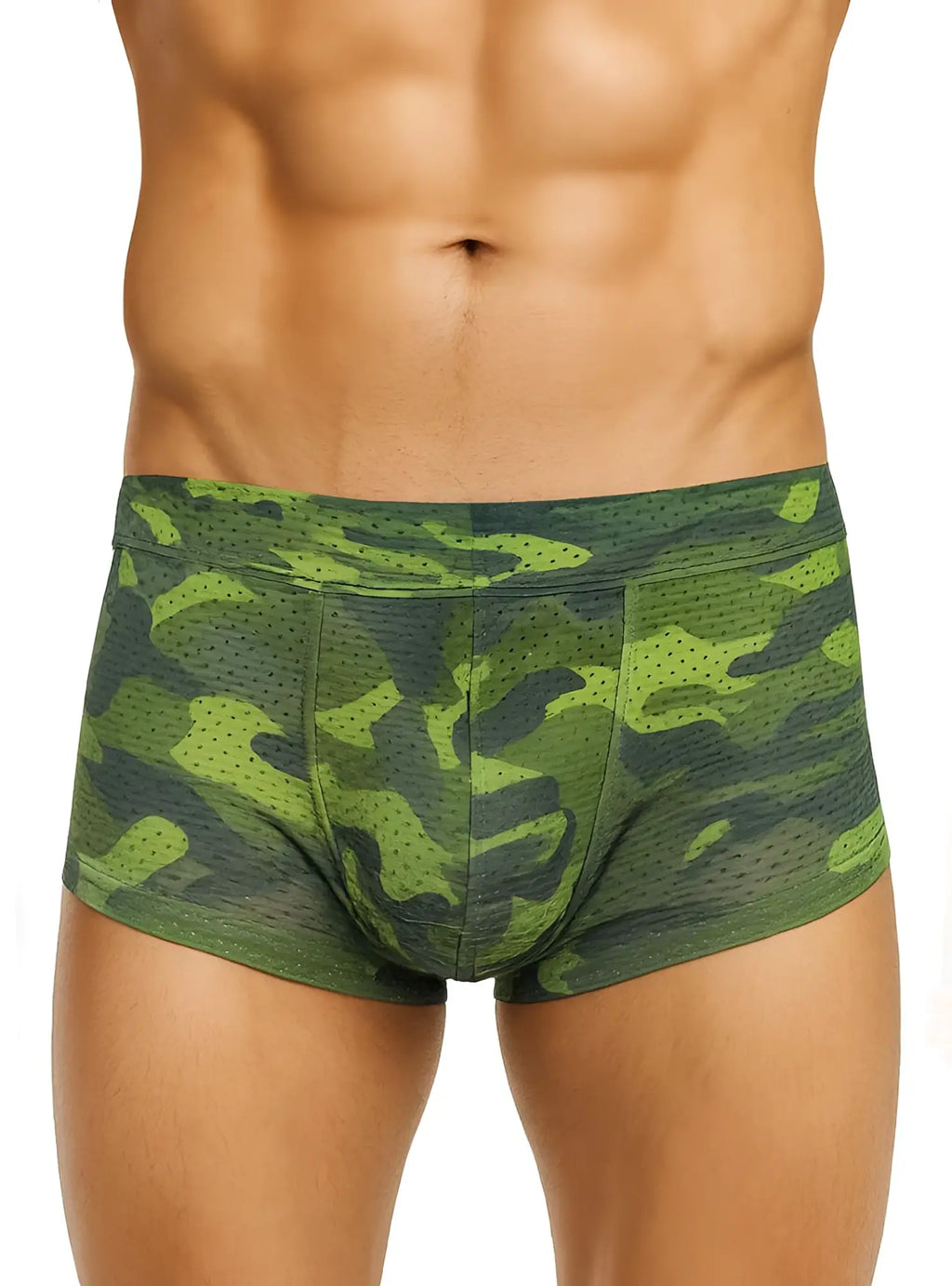 Nylux camo trunk boxer briefs in green camouflage mesh with elastic waistband for breathable comfort and support