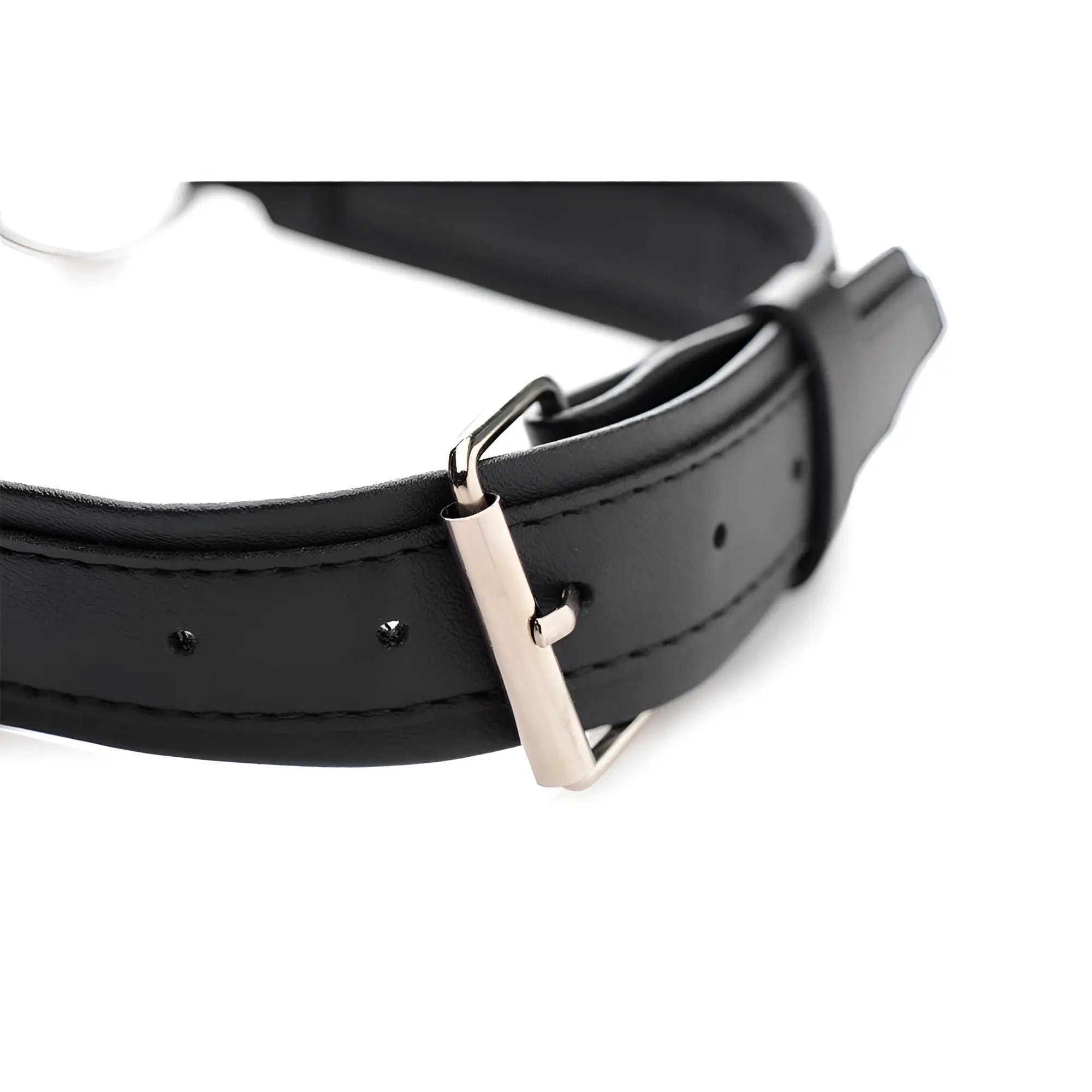 Black leather o-ring collar with a silver-toned rectangular buckle for stylish and durable wear