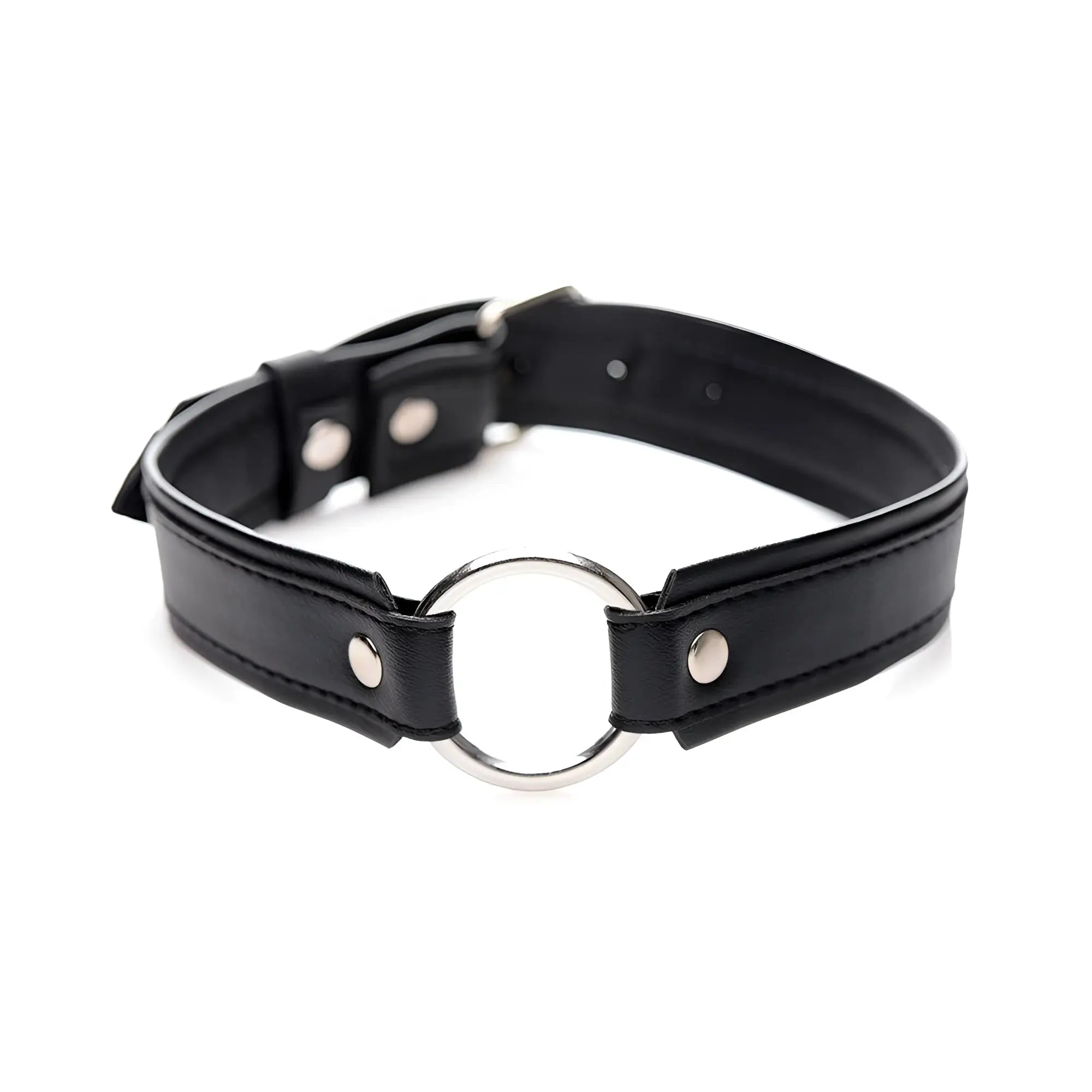 Black leather o-ring collar with silver metal ring and matching snap buttons designed for stylish wear