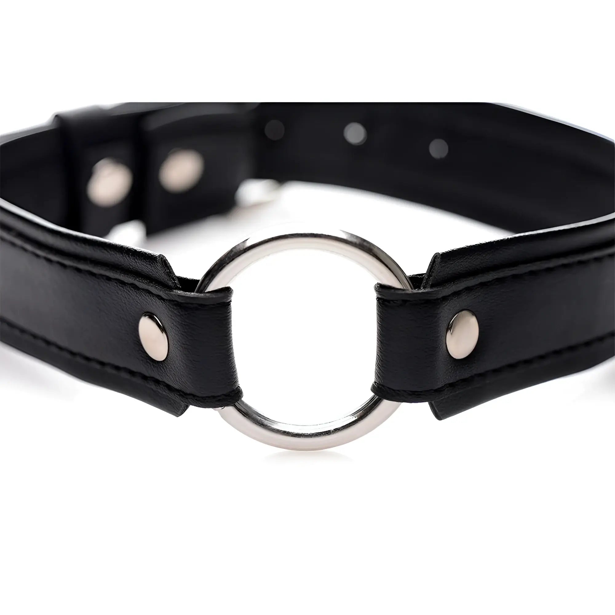 Black leather o-ring collar with silver toned metal ring and matching rivets designed for edgy fashion statements