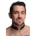 Black leather o-ring collar featuring a silver-toned metal ring and two small rivets for edgy style