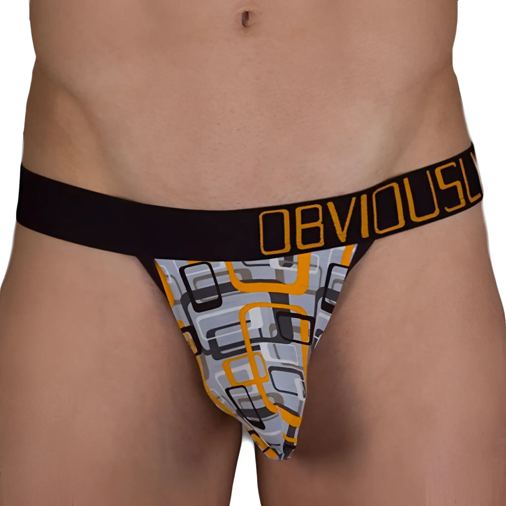 Obviously geometric low rise bikini underwear in black and orange with gray yellow geometric pattern size s front view