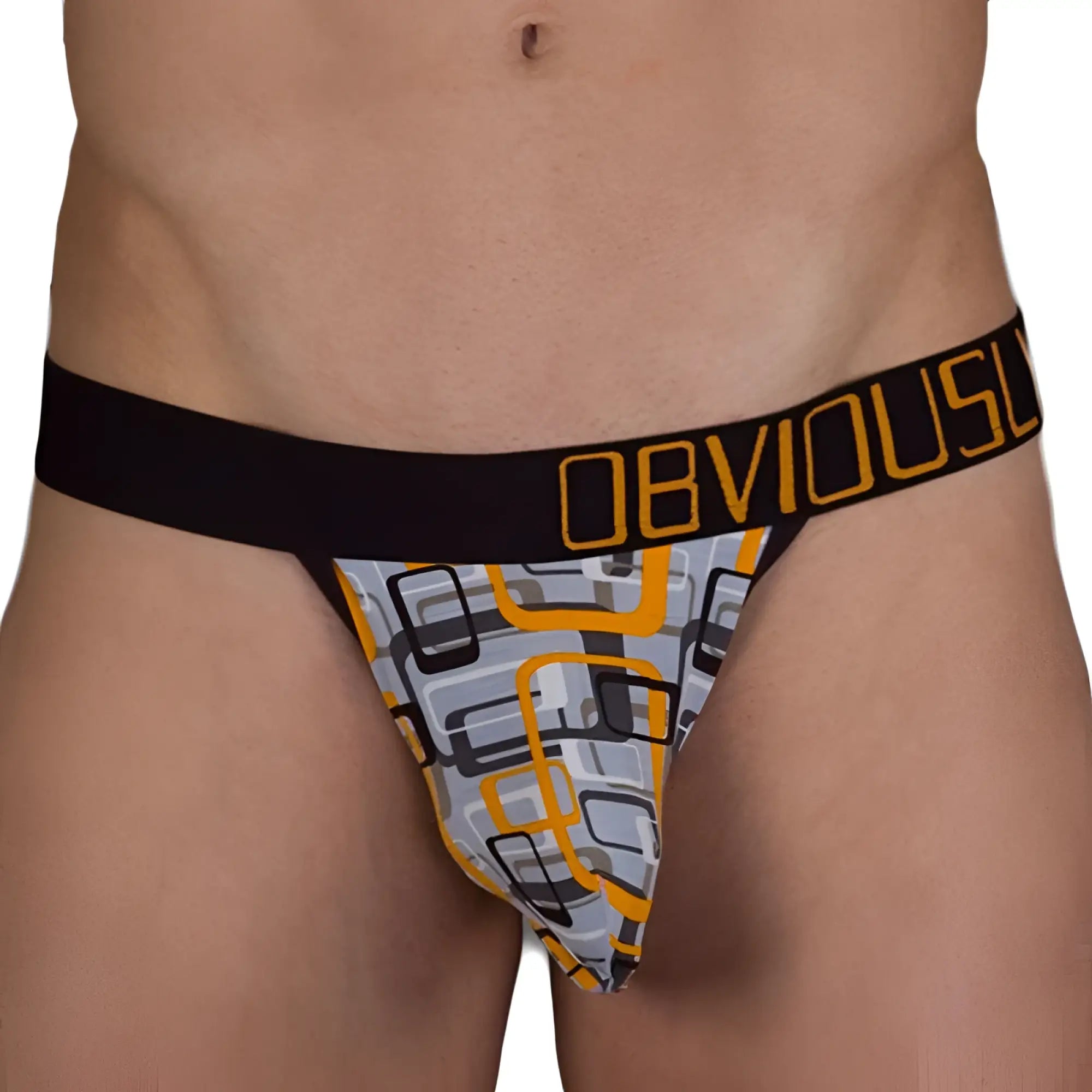 Obviously geometric low rise bikini underwear in black and orange with gray yellow geometric pattern size s front view
