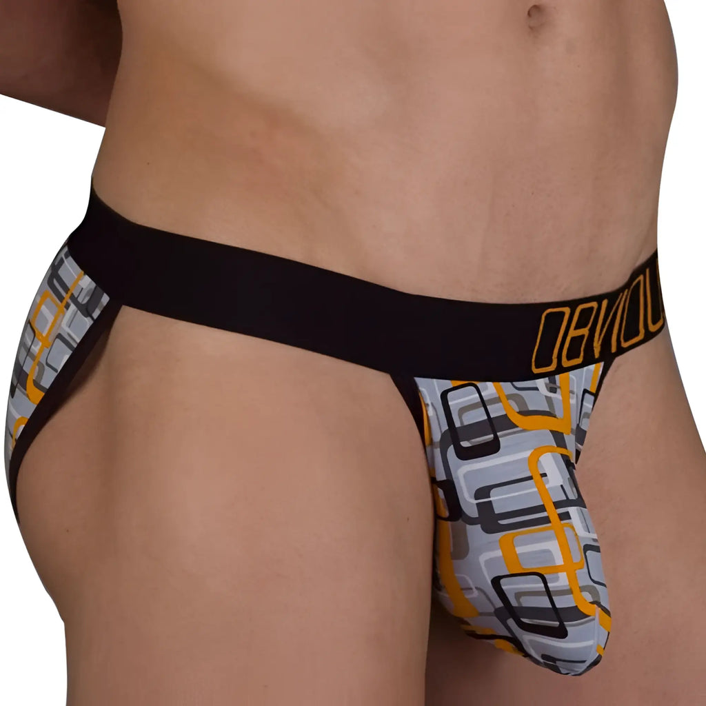 Black and gray patterned obviously geometric low rise bikini underwear with orange accents and bold geometric design size s
