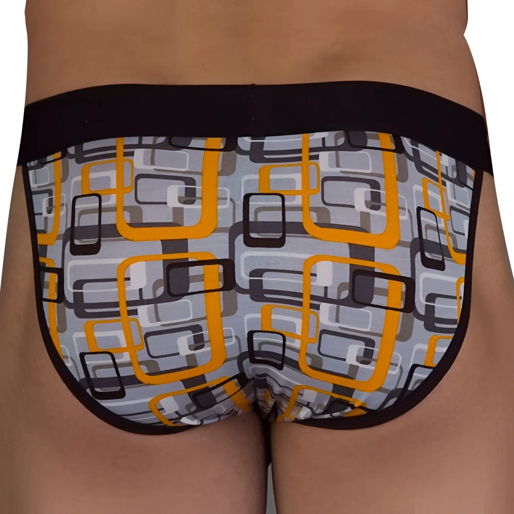 Obviously geometric low rise bikini underwear in gray and orange with black elastic waistband size s men’s briefs