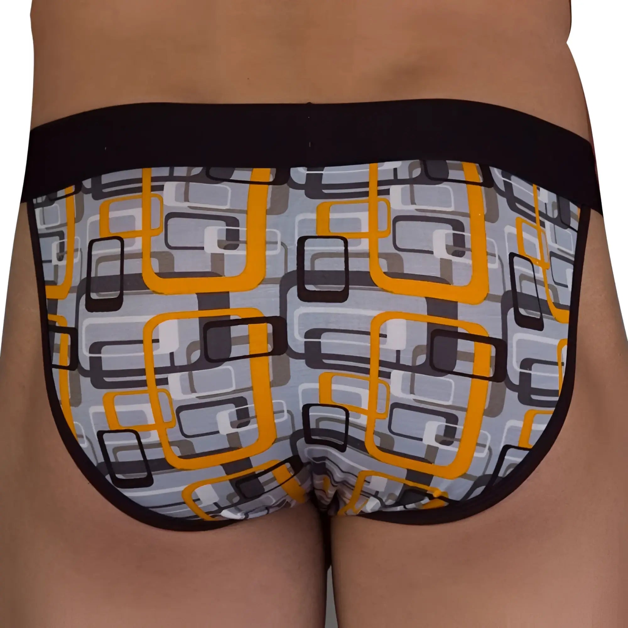 Obviously geometric low rise bikini underwear in gray and orange with black elastic waistband size s men’s briefs