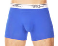 Blue men’s boxer briefs with a white waistband featuring obviously branding from the obviously mae chromatic full cut