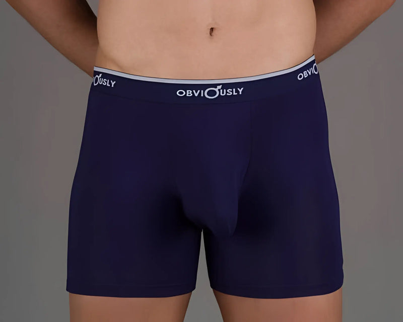 Navy blue obviously mae chromatic full cut boxer briefs with white waistband featuring obviously logo in black text