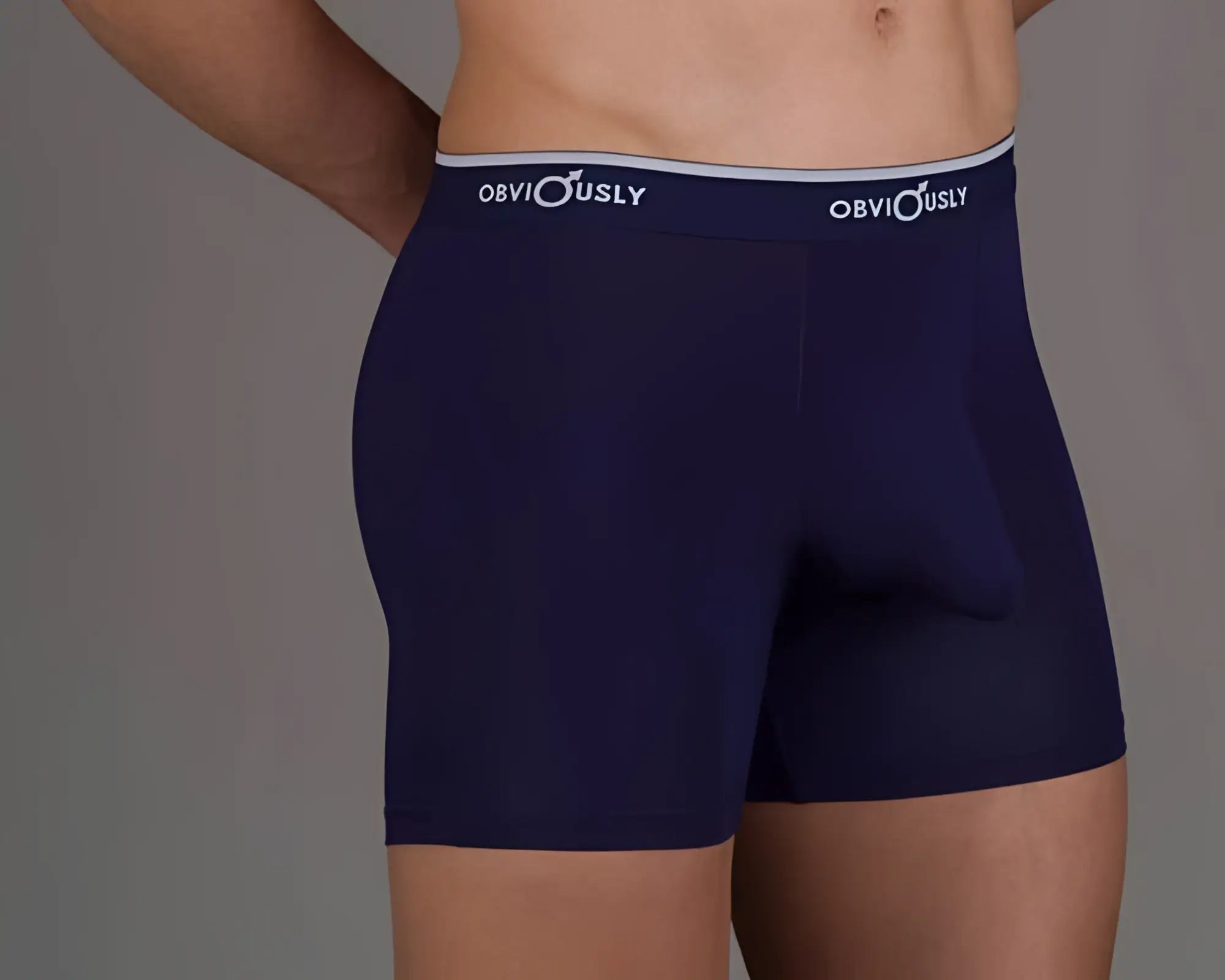 Navy blue men’s obviously mae chromatic full cut boxer briefs with white elastic waistband logo for comfortable wear