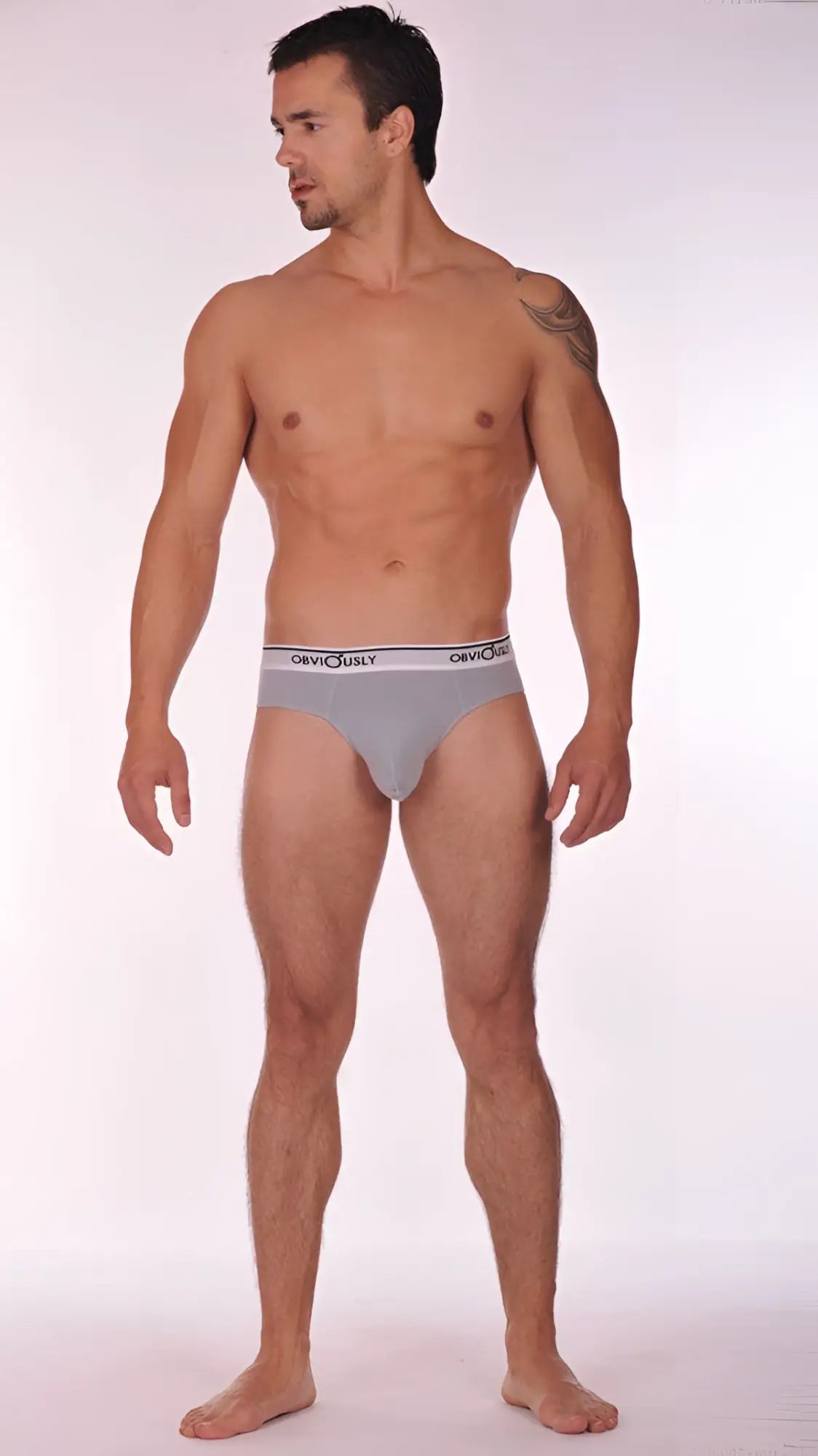 Gray obviously pouch brief full cut underwear with white obey waistband in size small for comfortable support