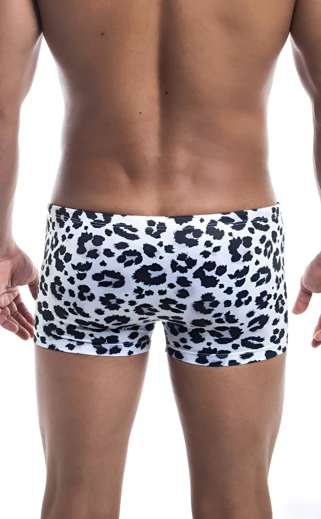 White swim trunks oceanico square cut with black leopard print pattern perfect for beachwear