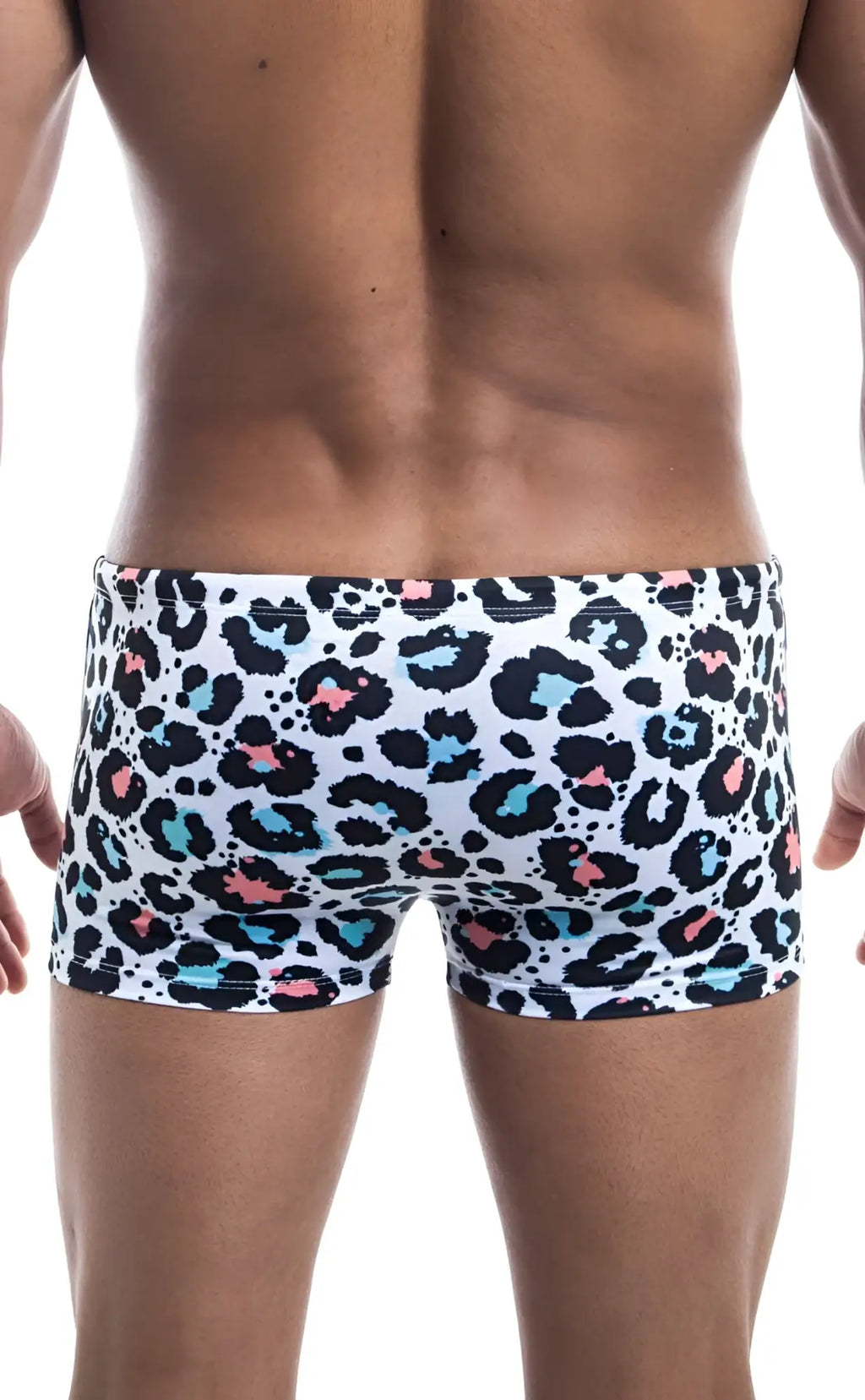 Oceanico square cut white swim trunks with bold leopard print featuring black teal and pink spots