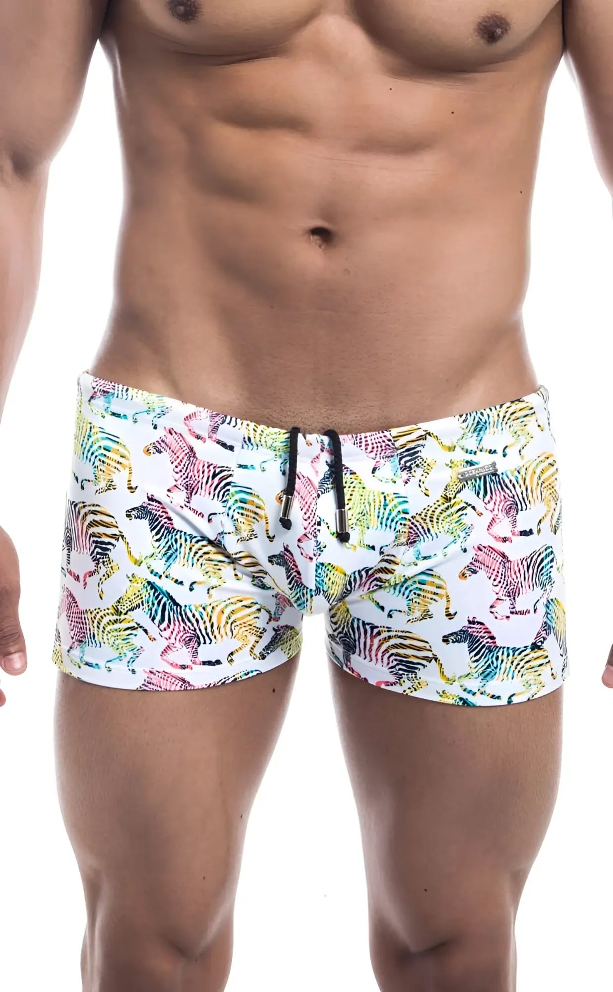 Oceanico square cut white swim trunks with vibrant multicolored zebra print and black drawstrings