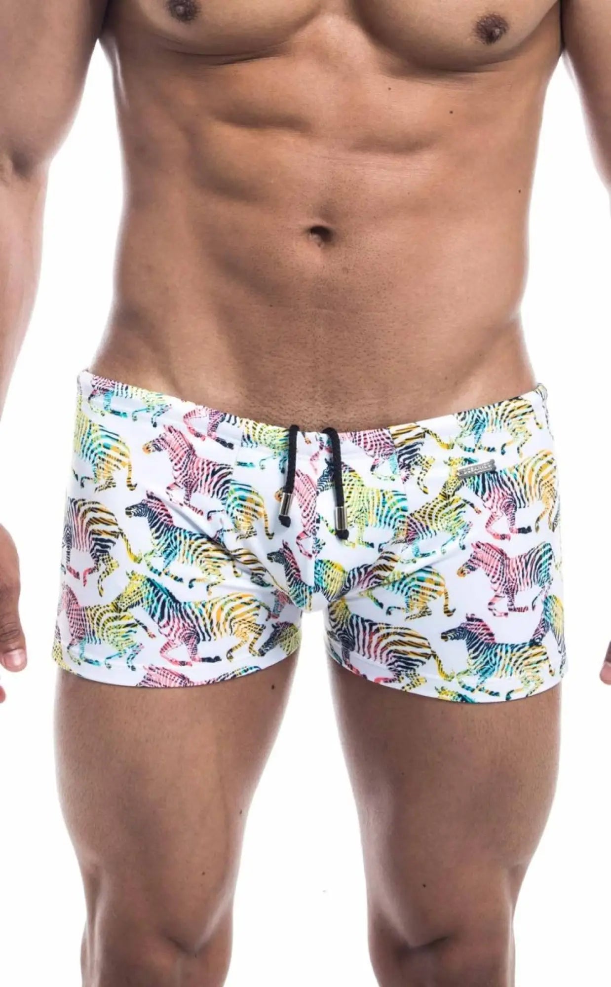 Oceanico square cut white swim trunks with vibrant multicolored zebra rainbow stripes and black drawstrings