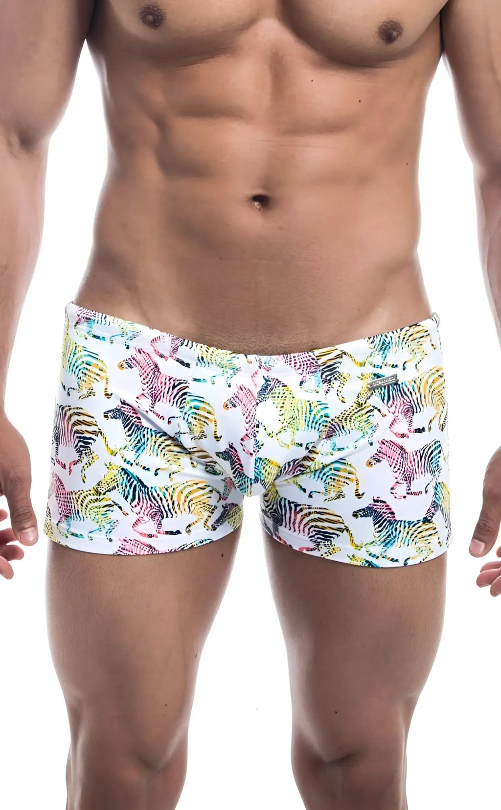 Oceanico square cut white swim trunks with vibrant multicolored rainbow zebra pattern for beachwear