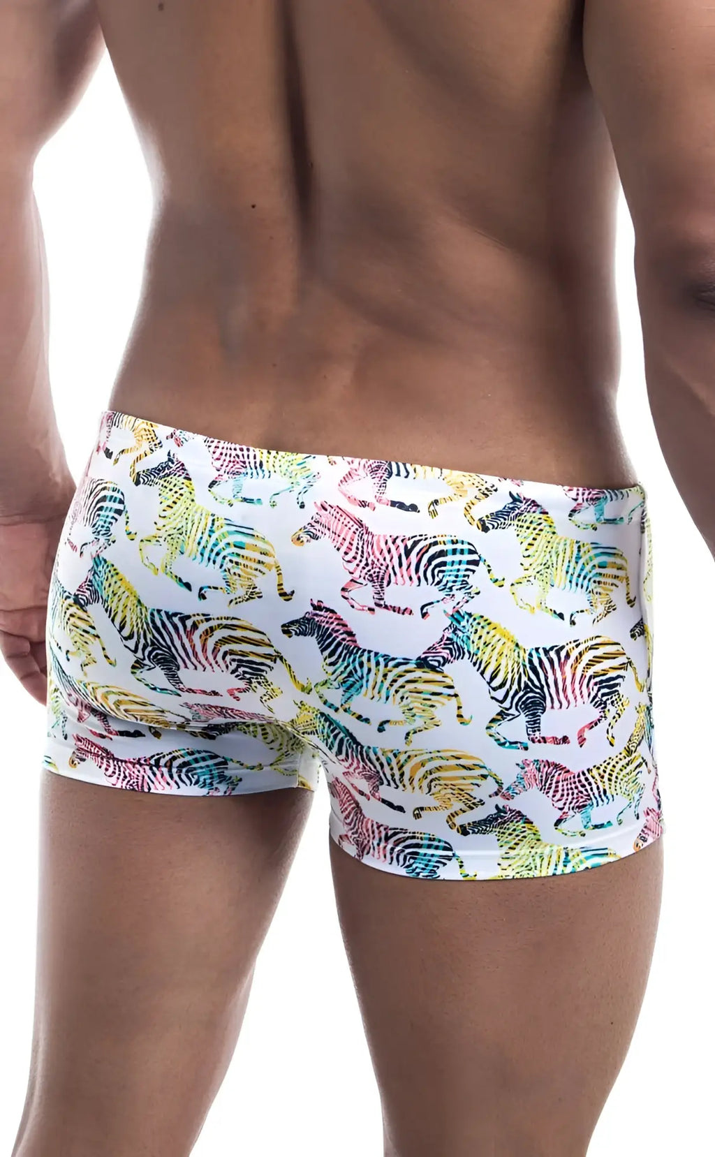 Oceanico square cut white swim trunks with vibrant rainbow-colored zebra pattern for beachwear