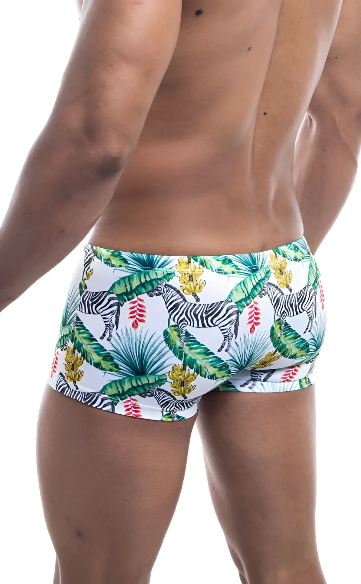 Oceanico square cut white swim trunks with vibrant tropical pattern featuring black and white zebras and palm leaves