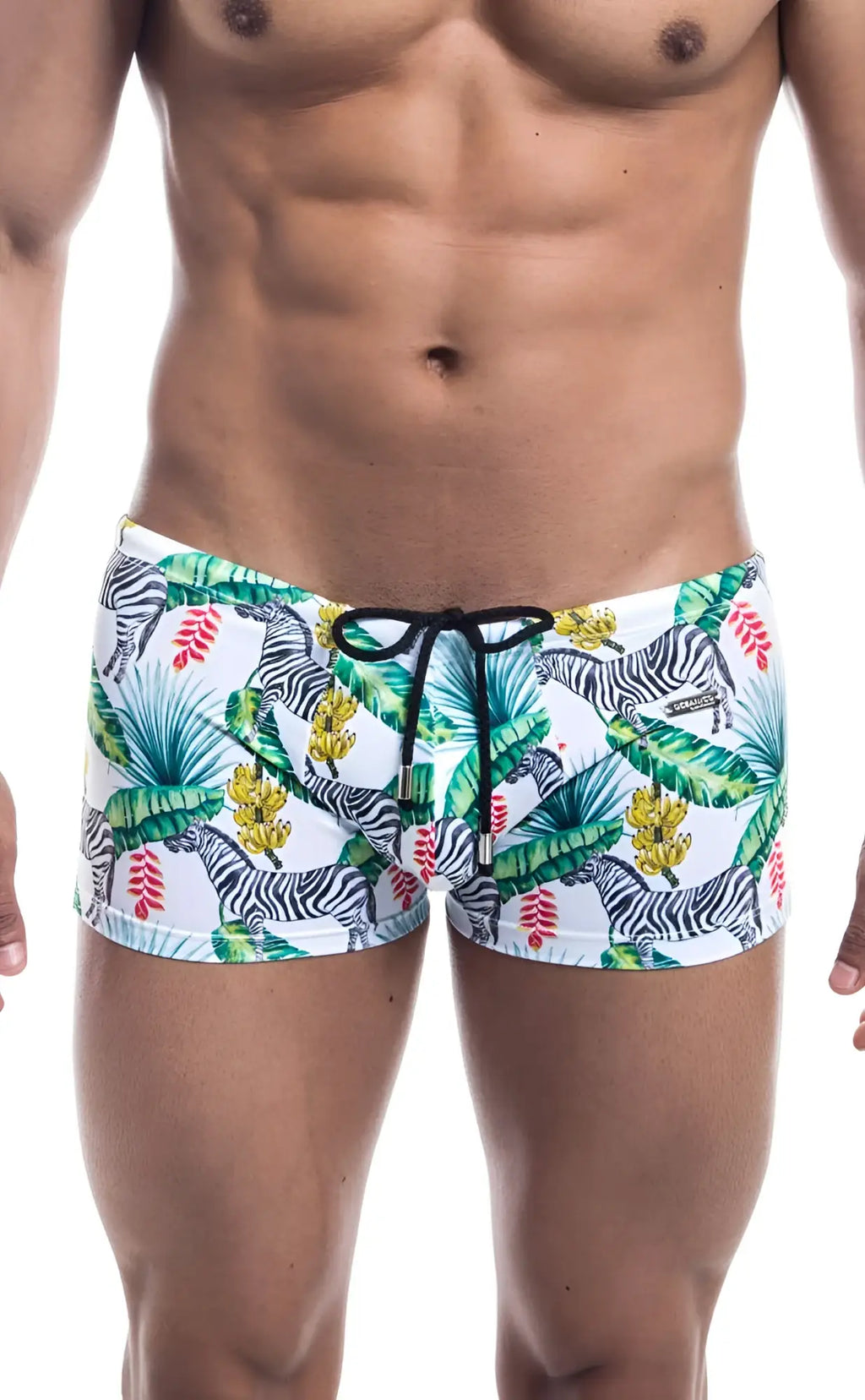 Oceanico square cut white swim trunks with tropical zebra pattern green palm leaves red flowers and black drawstring waistband
