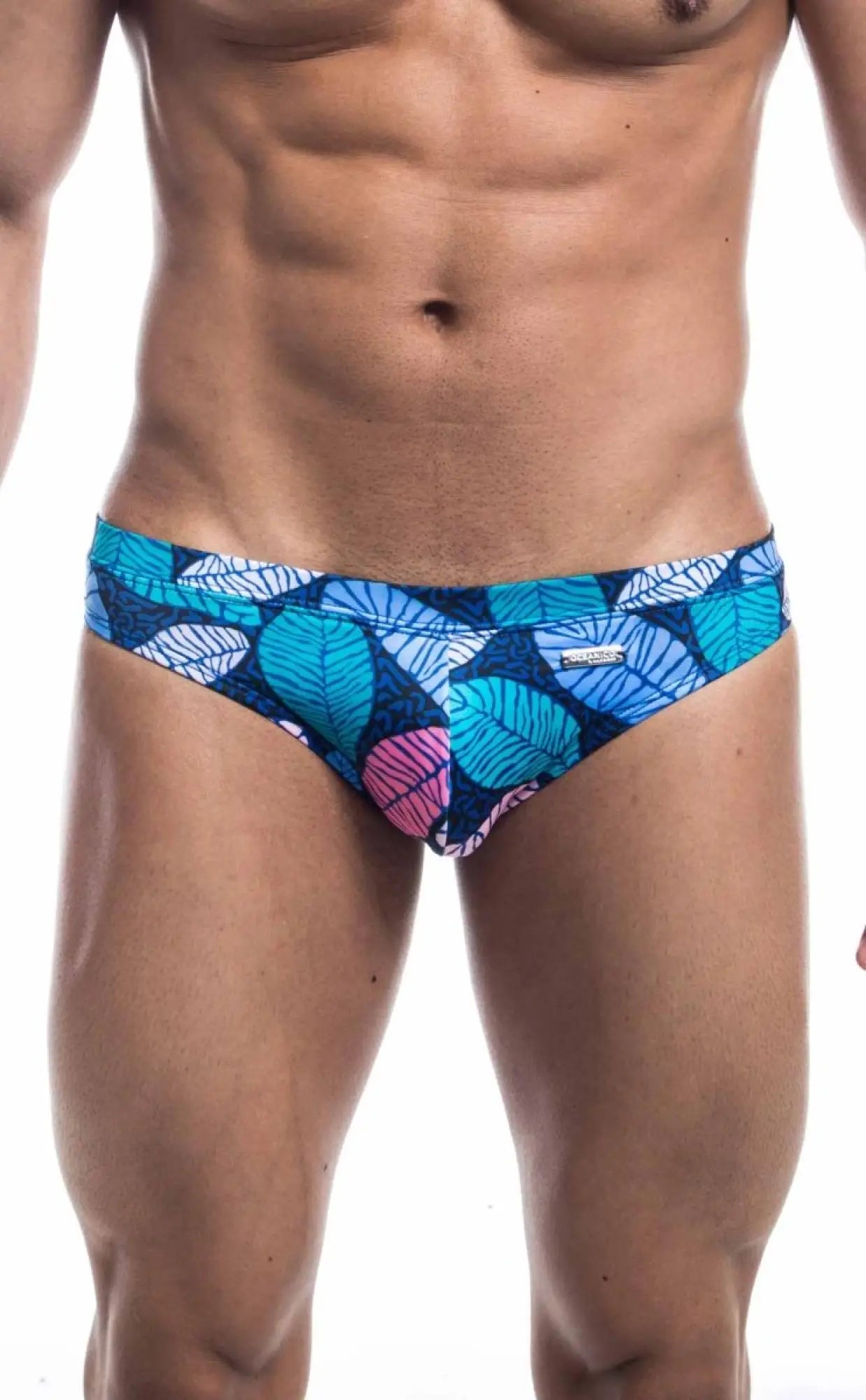 Oceanico swim bikini blue and pink leaf-patterned swim trunks with vibrant tropical design for beachwear