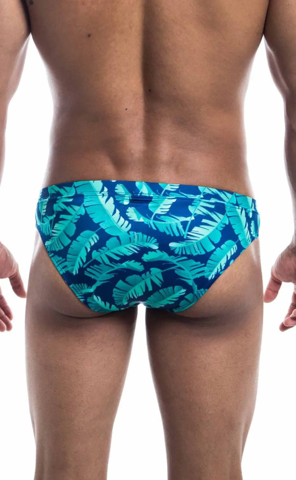Oceanico swim bikini blue and teal tropical leaf patterned swim trunks designed for comfortable beachwear