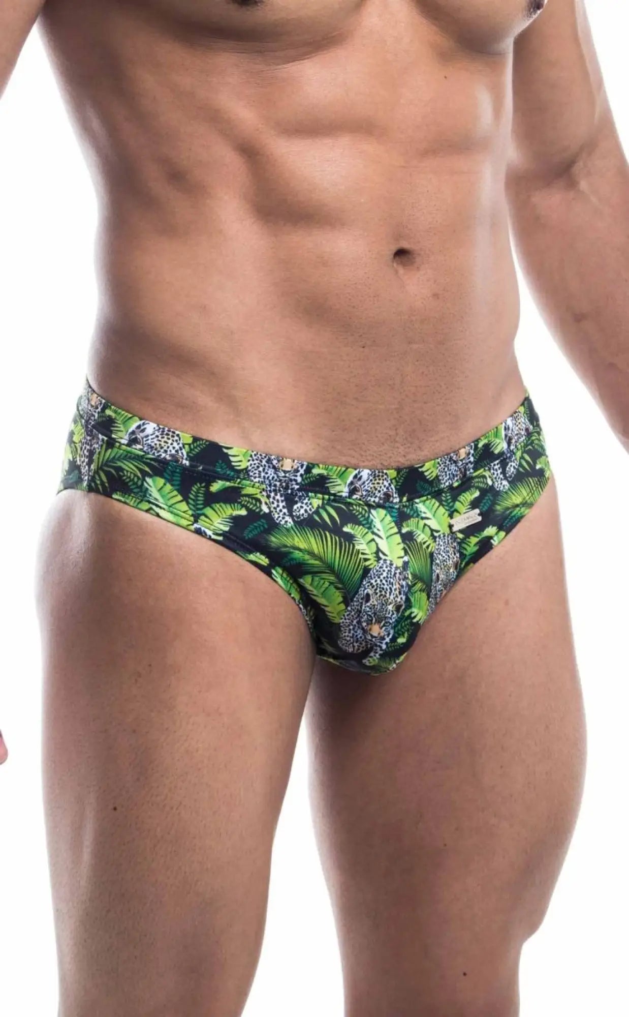 Oceanico swim bikini green and black tropical leaf patterned swim trunks with leopard print accents for beachwear