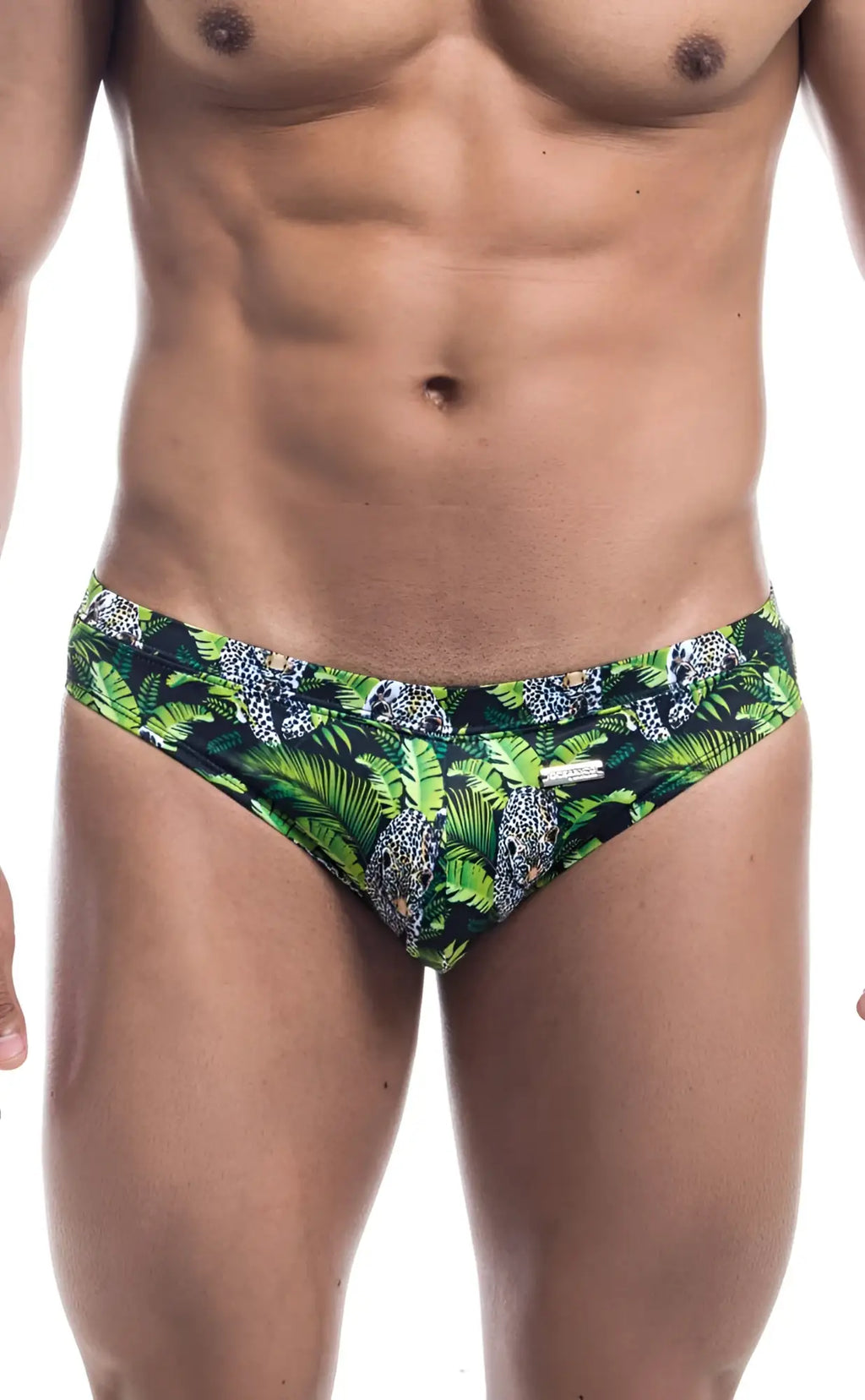 Oceanico swim bikini green and black swim trunks with vibrant jungle pattern leopard prints and tropical leaves