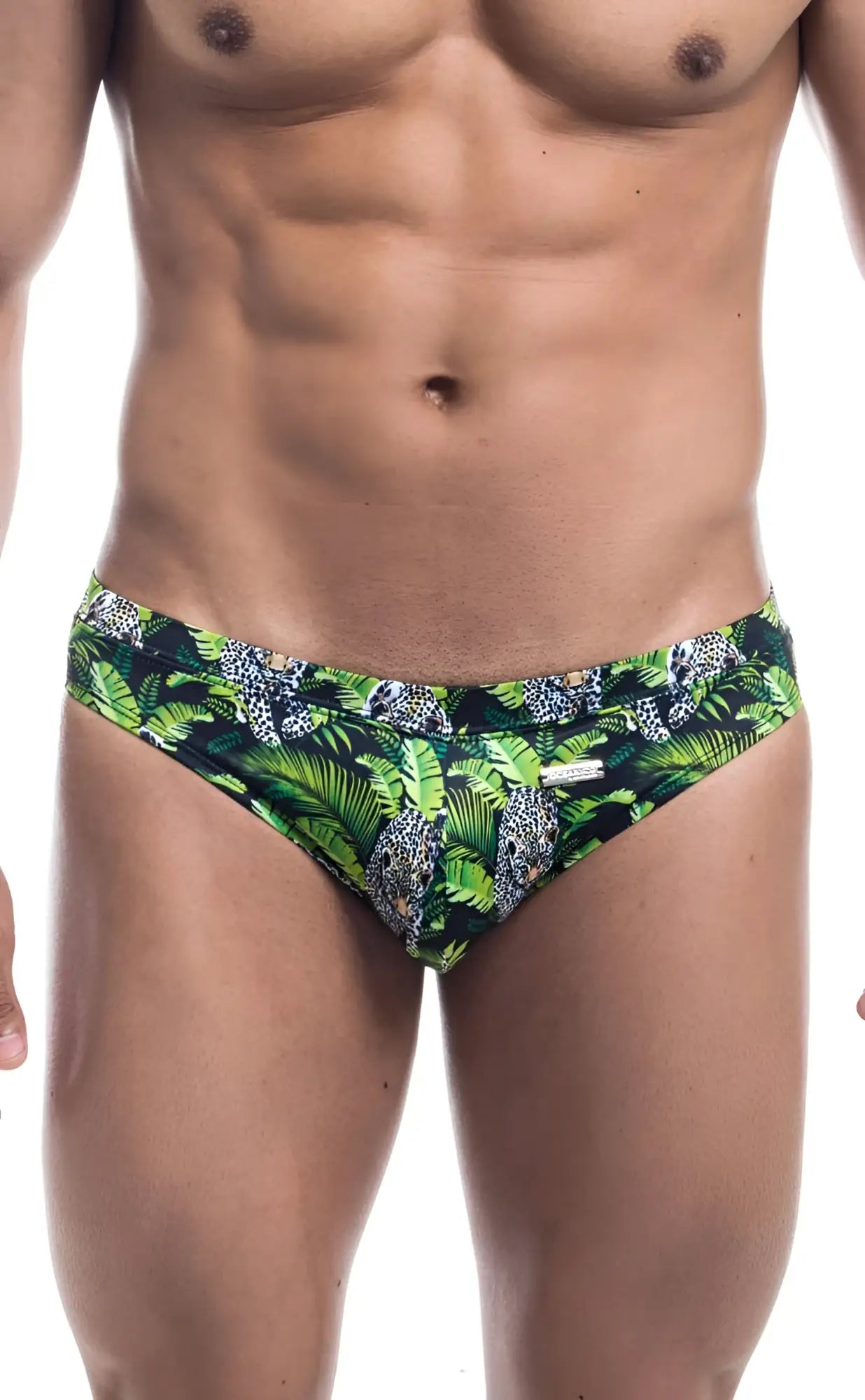Oceanico swim bikini green and black swim trunks with vibrant jungle pattern leopard prints and tropical leaves