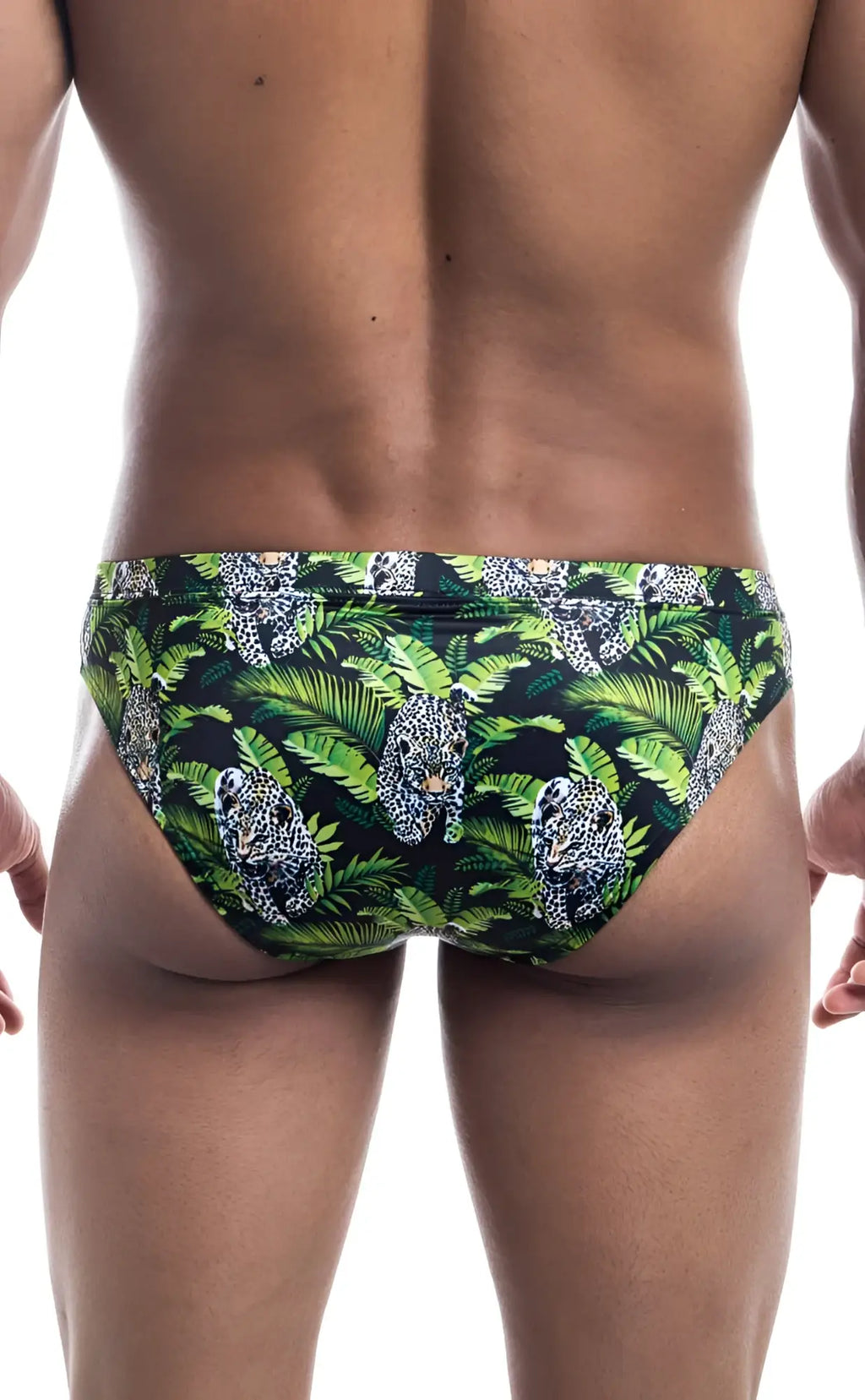 Oceanico swim bikini green and black swim trunks with vibrant tropical leopard and palm leaf pattern